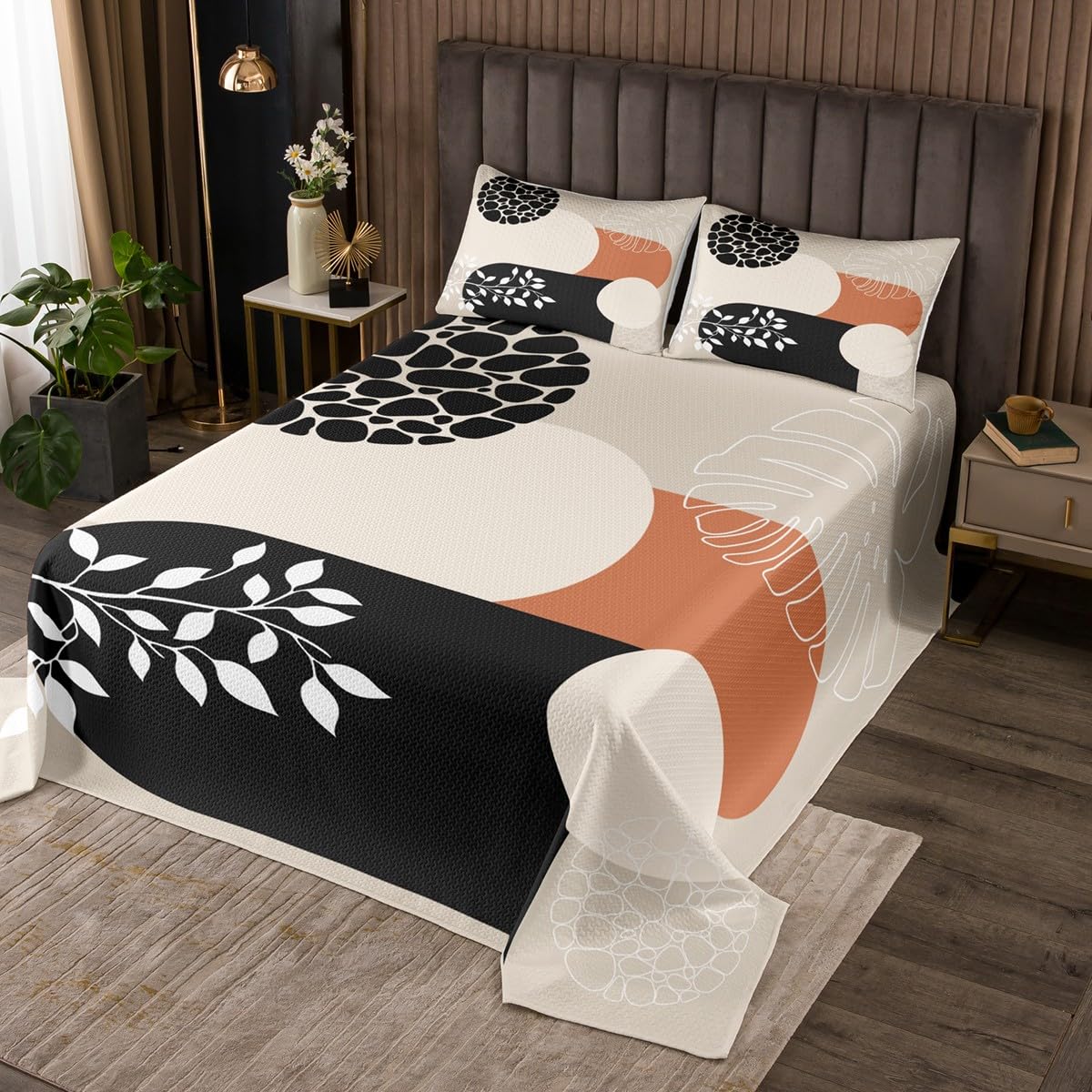 Manfei Boho Summer Vintage Bedspread Twin Size Tropical Palm Leaves Simple Botanical Bedding for Kids Teens Geometric Grids Patchwork Bohemian Beige Coverlet Set Quilt Set for All Season,2 Pcs