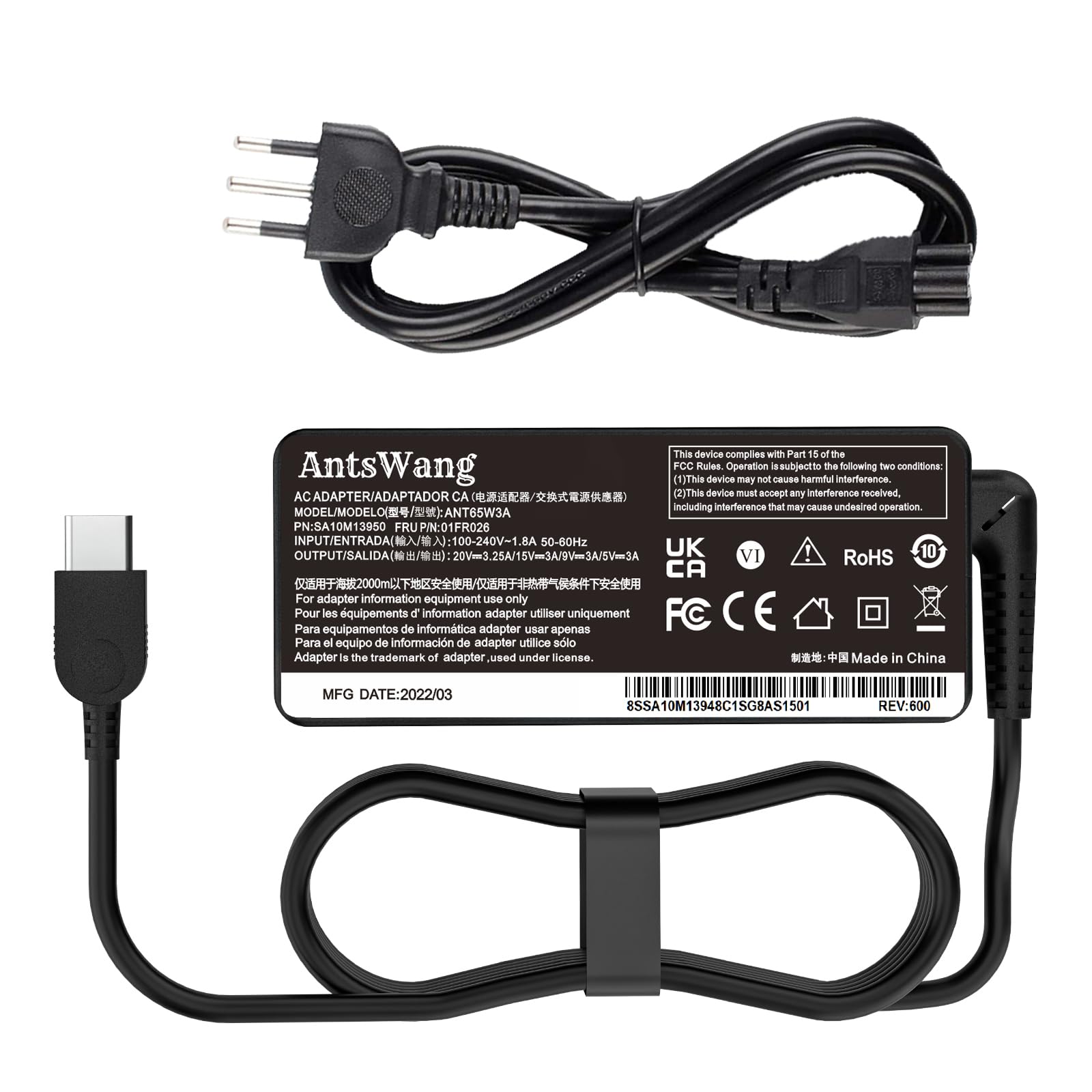Caricatore USB-C 65W Per Lenovo ThinkPad, IdeaPad, Yoga – Alimentatore Portatile Type-C Con Cavo