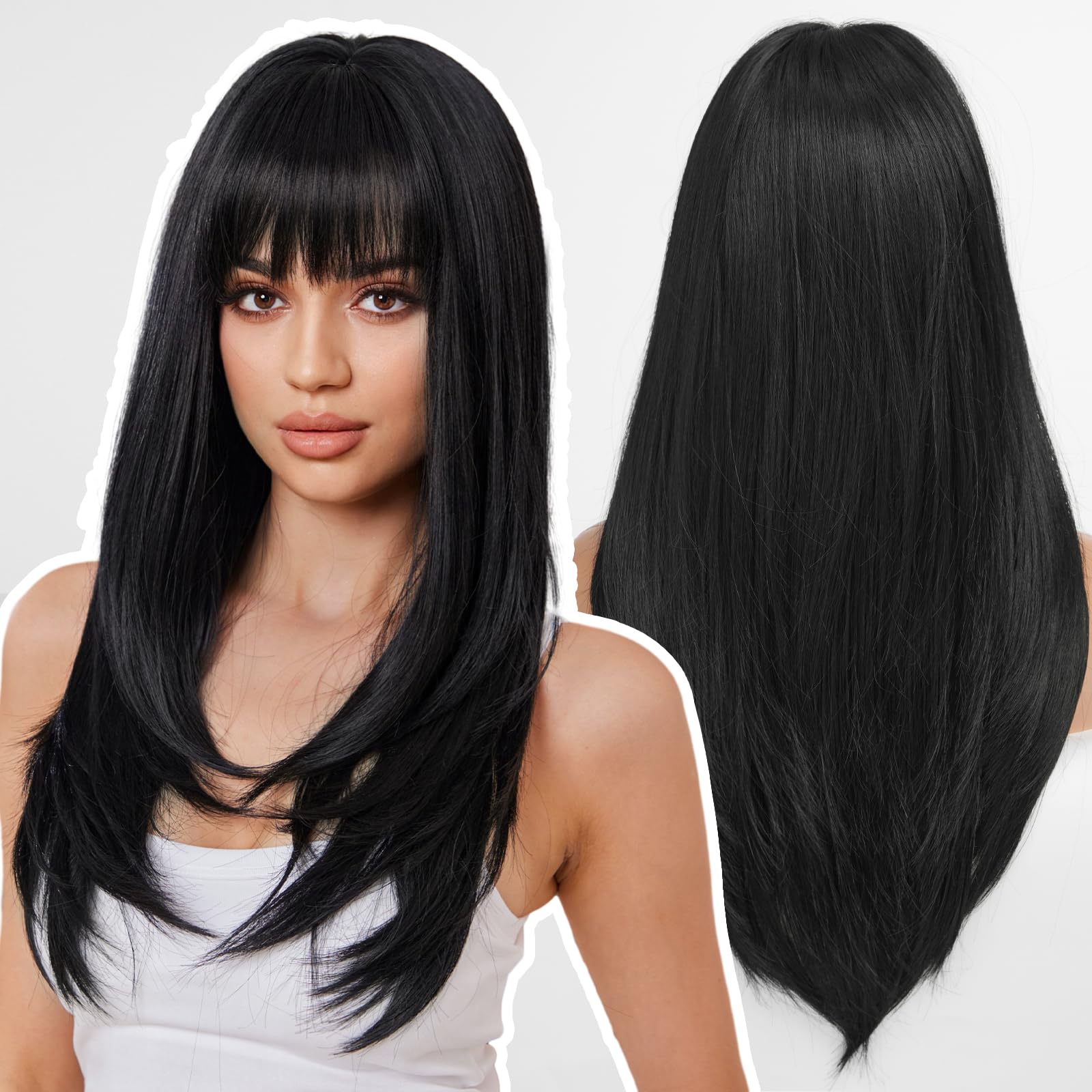 WOKESTAR Black Wigs for Women Layered Straight Long Wig with Fringe, 25 inch