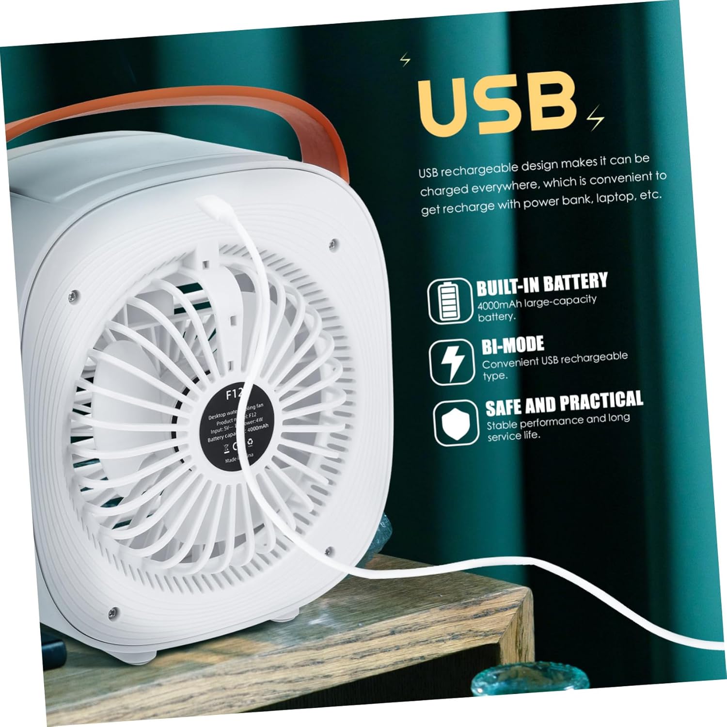 USB Rechargeable Desktop Cooling Fan with Misting Function Portable Quiet Table Air Circulator for Office Home Dormitory Lightweight Compact White Design