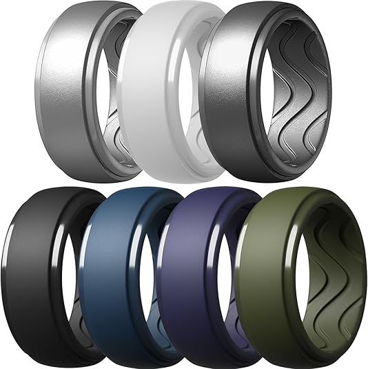 Egnaro Men's Silicone Rings 10mm Wide 2.5mm Thick, Rubber Wedding Bands with Inner Arc Ergonomic Breathable Design, 1/4/5/7 Variety Multipack