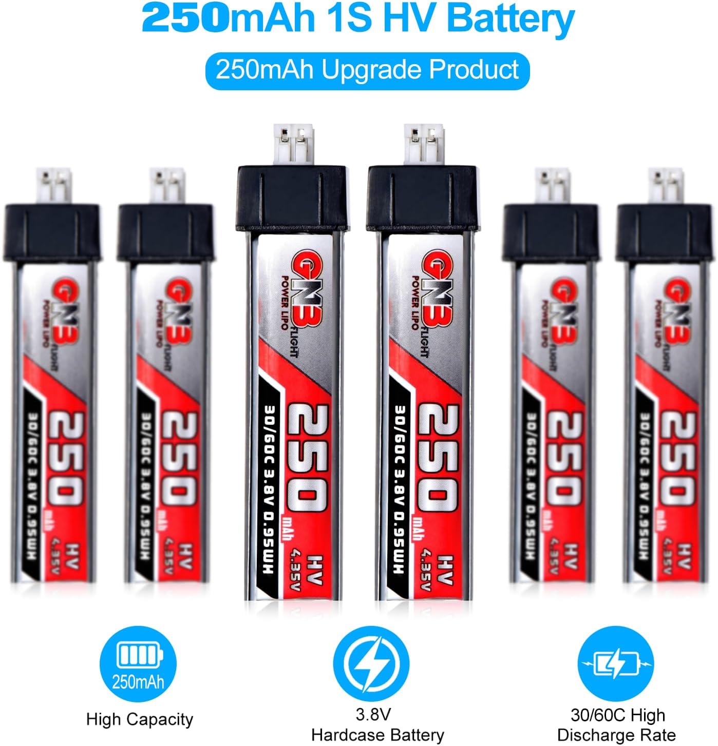 6pcs 250mAh 1S Battery 3.8V LiHV 30C/60C JST-PH2.0 Connector LiPo Battery for FPV Racing Drone