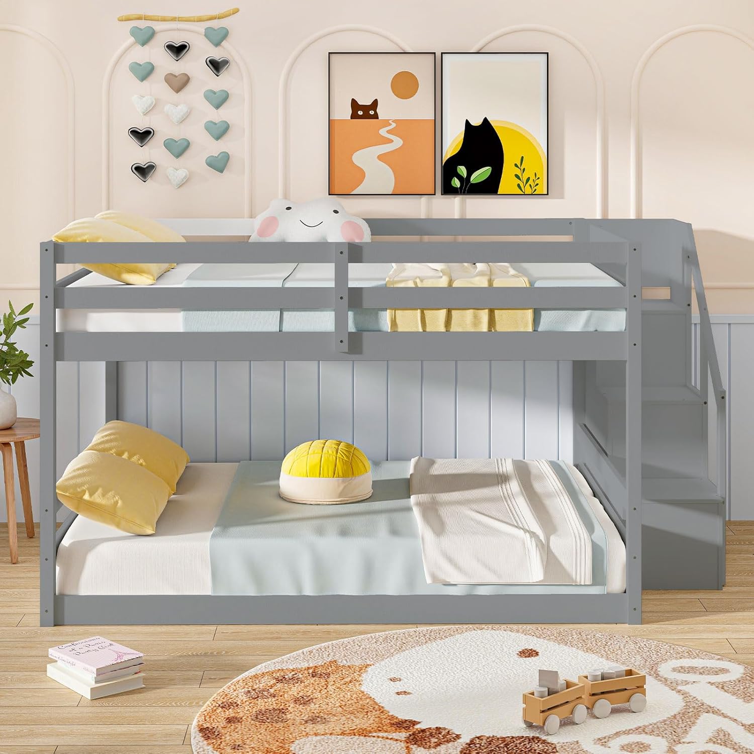 Giantex Full Over Full Bunk Bed with Stairs, Solid Wood Floor Bunk Bed with Storage Staircase & Full-Length Guardrails, Low Bunk Bed with for Kids, Teens, Adults, Dorm, Small Space, Grey