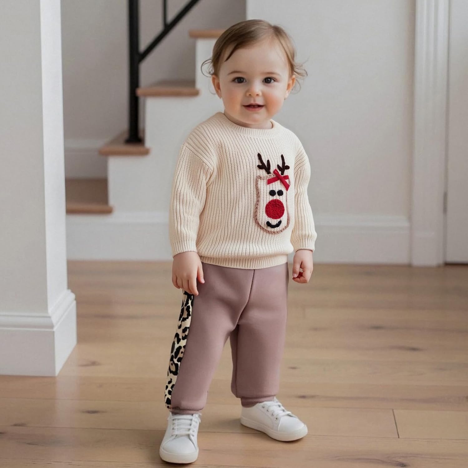 Baby Girl Boy Christmas Outfit Santa Deer Embroidery Sweater Toddler Crewneck Long Sleeve Xmas Knit Sweatshirt