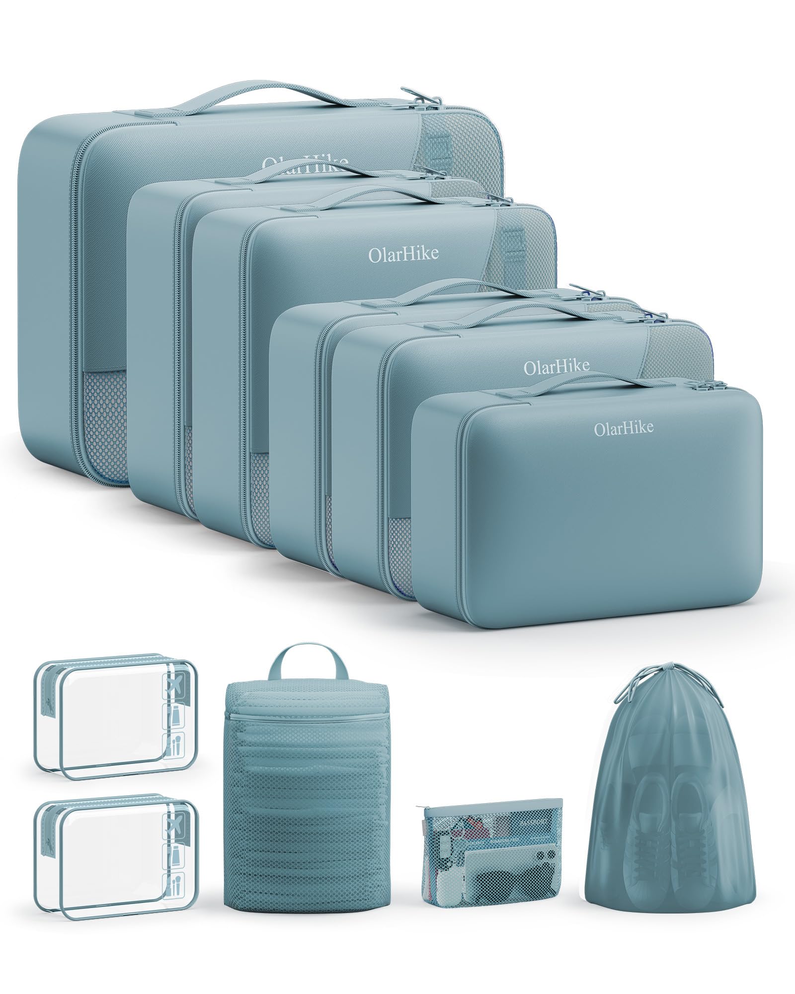 OlarHike Packing Cubes for Travel,Gifts for Women Mom,Anti-Tearing Suitcase Organizer for Luggage with Shoe &amp; Hanging Toiletry Bag,Vacation Essentials &amp; Accessories for Cruise Ship,11 Set,Blue Gray