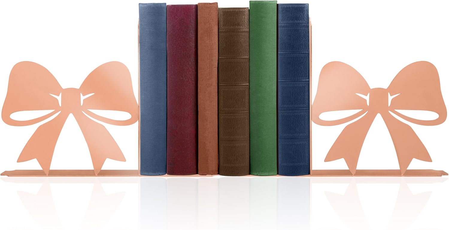 Bow Decor Metal Bookends - Novelty & Cute Bookends for Shelves, Unique and Decorative Book Ends（Pink）