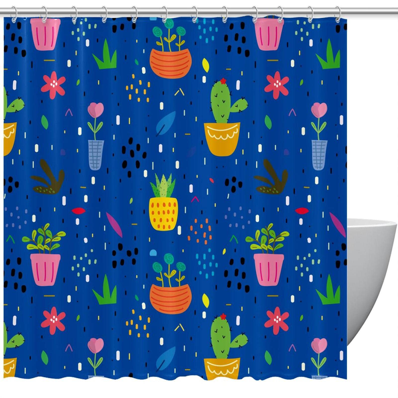 Rideau de douche tissu bleu motif plantes déco salle de bain moderne