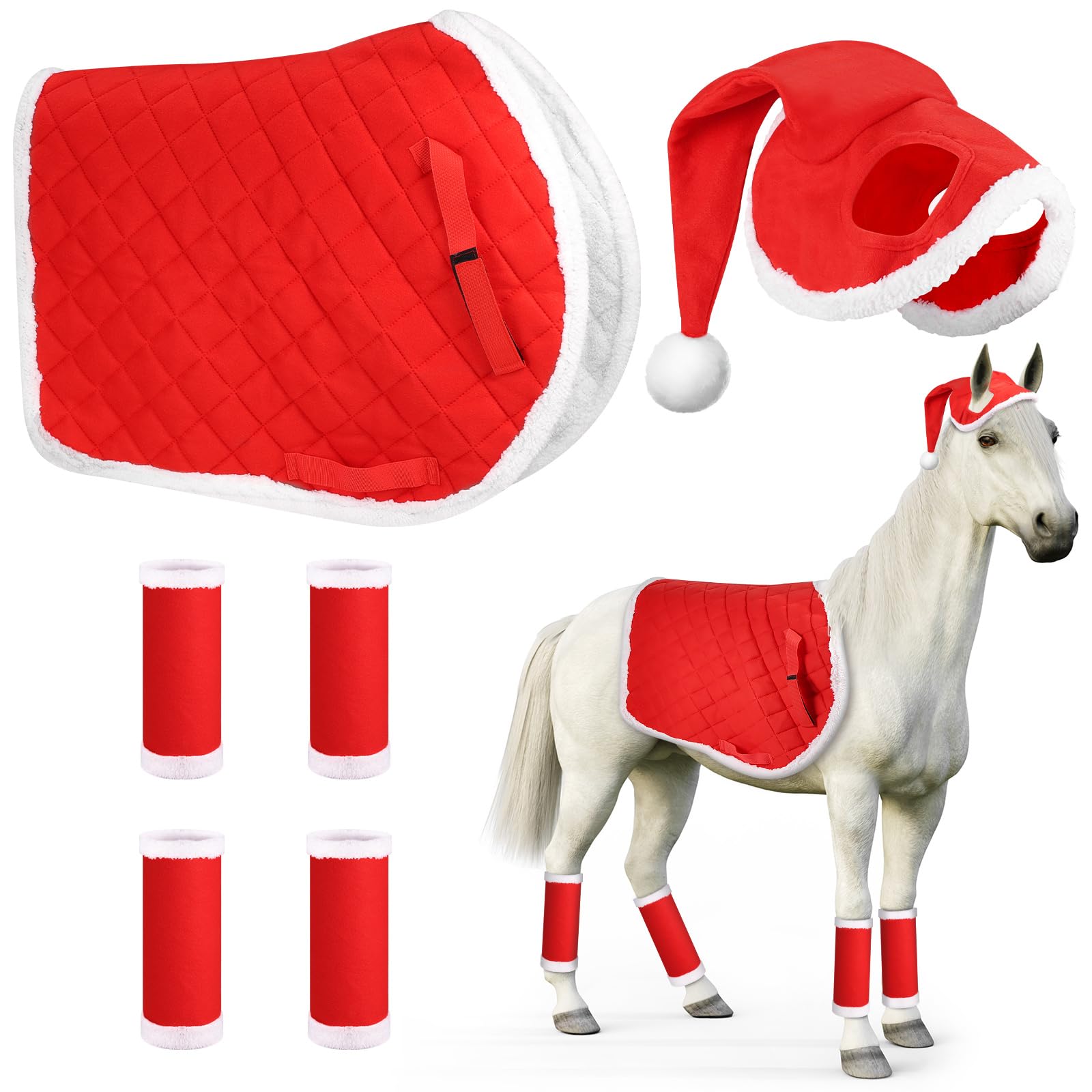 6 Pezzi di Fasce per Le Gambe di Babbo Natale per Cavallo con Bordo in Pelliccia Sintetica, Cappello di Natale, Sottosella di Babbo Natale per Accessori per Costumi di Natale per Cavallo