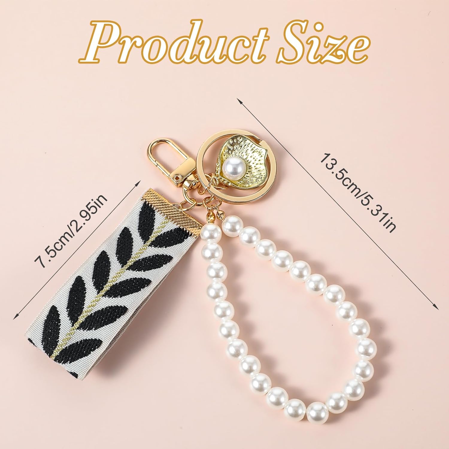 Embroidered Fabric Wristlet Keychain, Faux Pearl Ribbon Cell Phone Pendant Strap Wristlet Leaf Pattern Conch Boho Car Key Holder Pearl-Shell Shaped Pendant Key Fobs Wristband for Women - Image 5