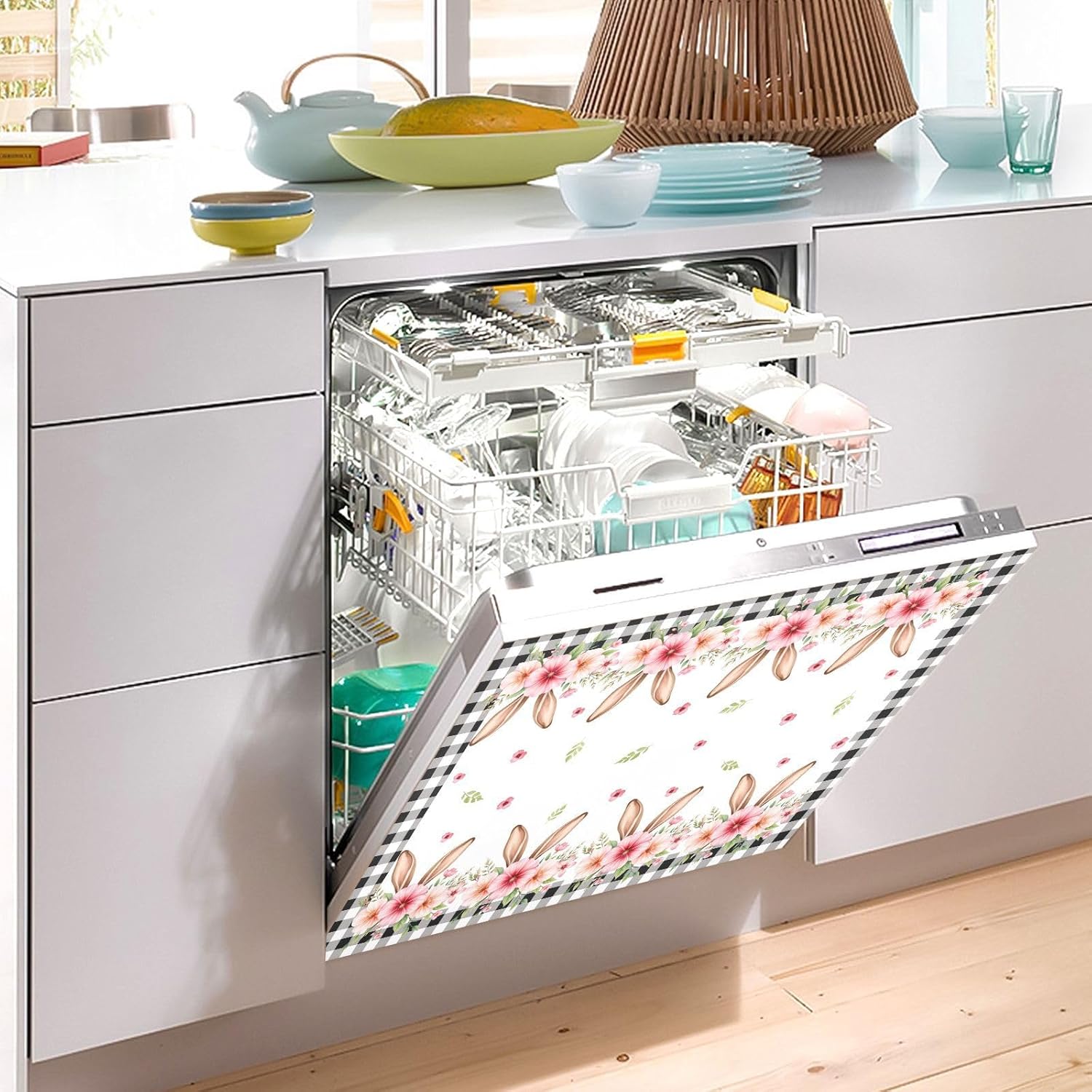 Dishwasher Magnet Cover Large Magnetic Stickers Easter Bunny Ears Flower Front Dishwasher Cover Reusable Decal for Home Kitchen Refrigerator Decorative Lid Washing Machine Laundry