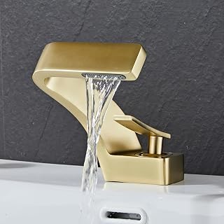 MocArt 2239 Grifo de cascada, grifo mezclador de baño, grifo de cobre, núcleo de válvula de cerámica, montaje de un solo orificio, diseño de ahorro de agua (oro cepillado)