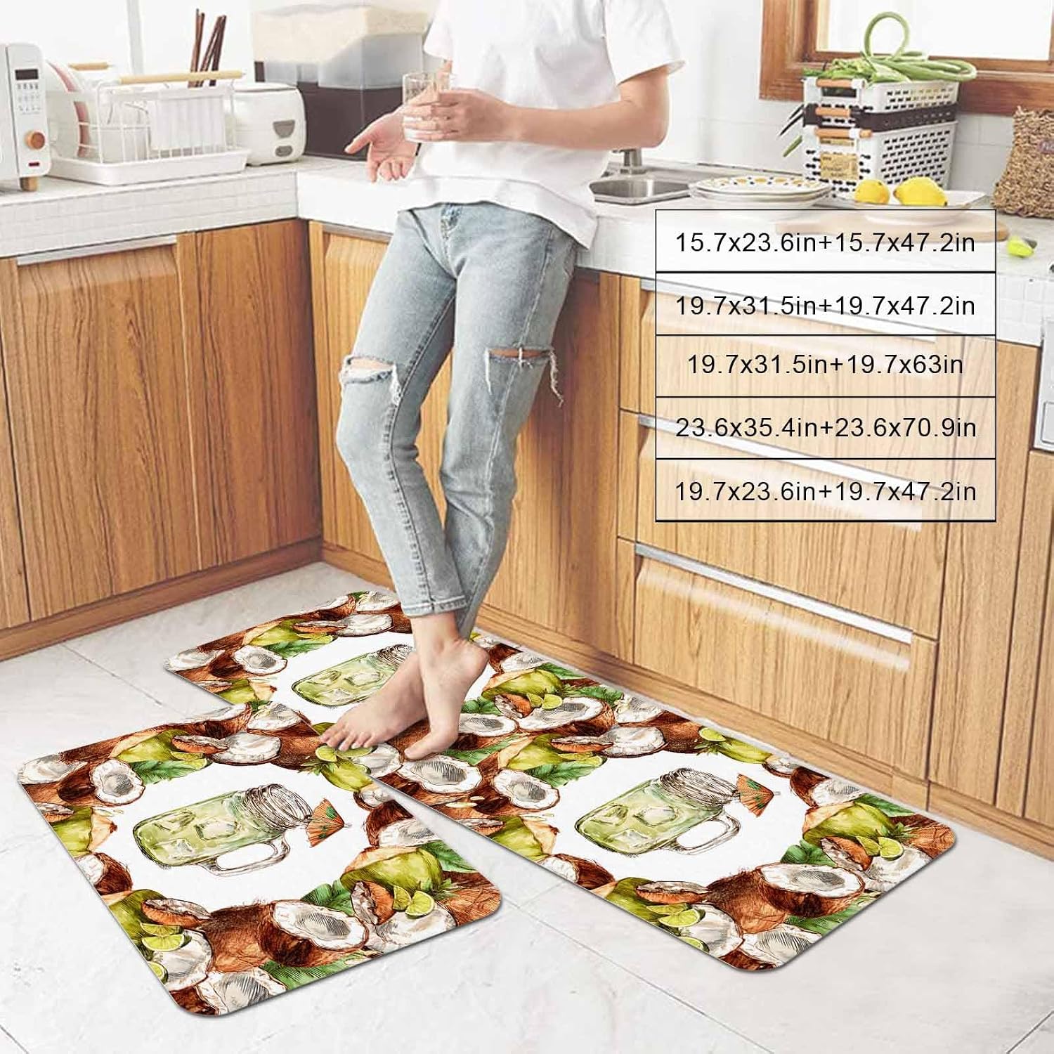 Prime Leader Summer Kitchen Mat Set 2 Pieces Beach Green Cold Drinks Coconut Cocktail Lemon Coastal Non Slip Kitchen Rugs Washable Runner Rug Mats for Sink Laundry (23.6" x 35.4"+23.6" x 70.9")