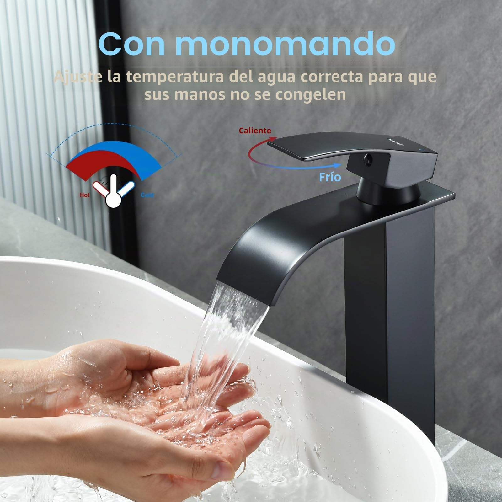 Grifo Lavabo Alto Negro de Baño, Apto Para Lavabos de Pie | Grifo monomando de baño con chorro en cascada, regulación de agua fría y caliente, altura de la salida de agua: 20cm