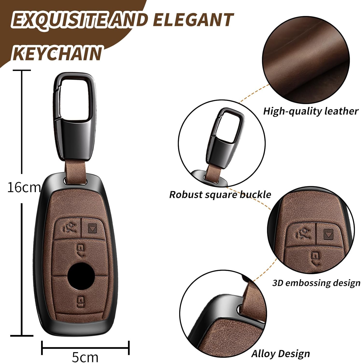 Key Fob Cover Lether Key Case Shell Full Protection Compatible for A C E S G CLA CLS CLK GLC ML GLE GLS SL SLR AMG Smart Button Keys Case Protector(Brown) - Image 4
