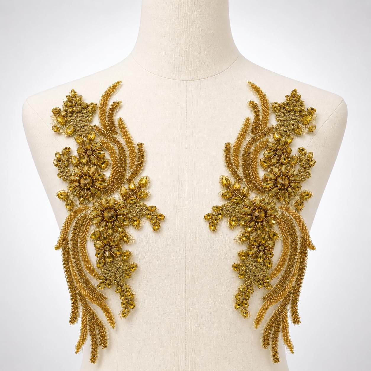 1 Pair Gold Rhinestone Applique, Rhinestones Embroidery Lace Patches, Hand-Made Beaded Rhinestons DIY Clothing Appliques Patch for Wedding Dress Decoration Clothes Accessory, Banquet Evening Gown