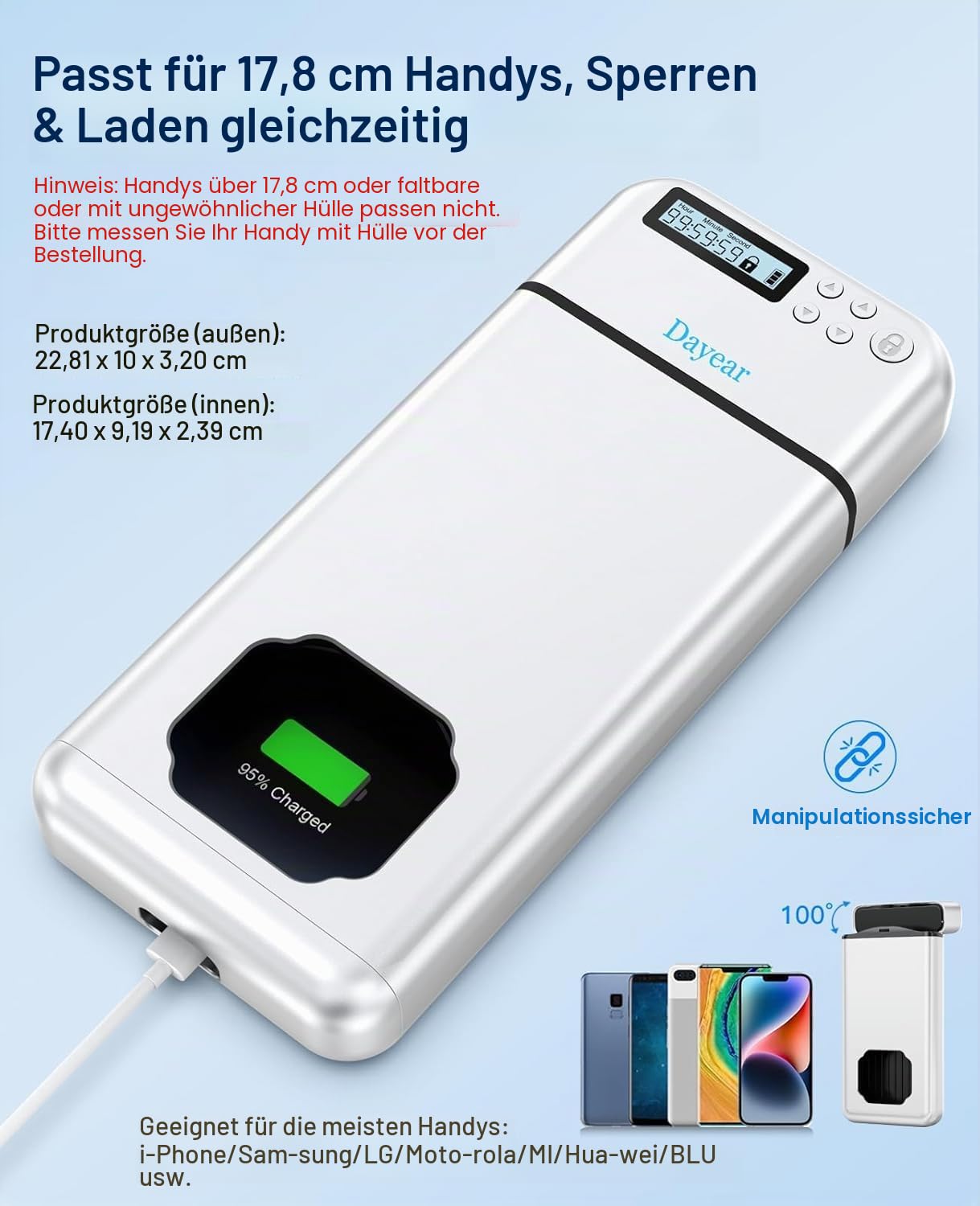 Phone Lock Box, Safe Timed Lock Box für iPhone/Android, Telefon Gefängnis mit Timer, Telefon Gefängnis Hilfe Kinder/Erwachsene Selbststeuerung/Silber