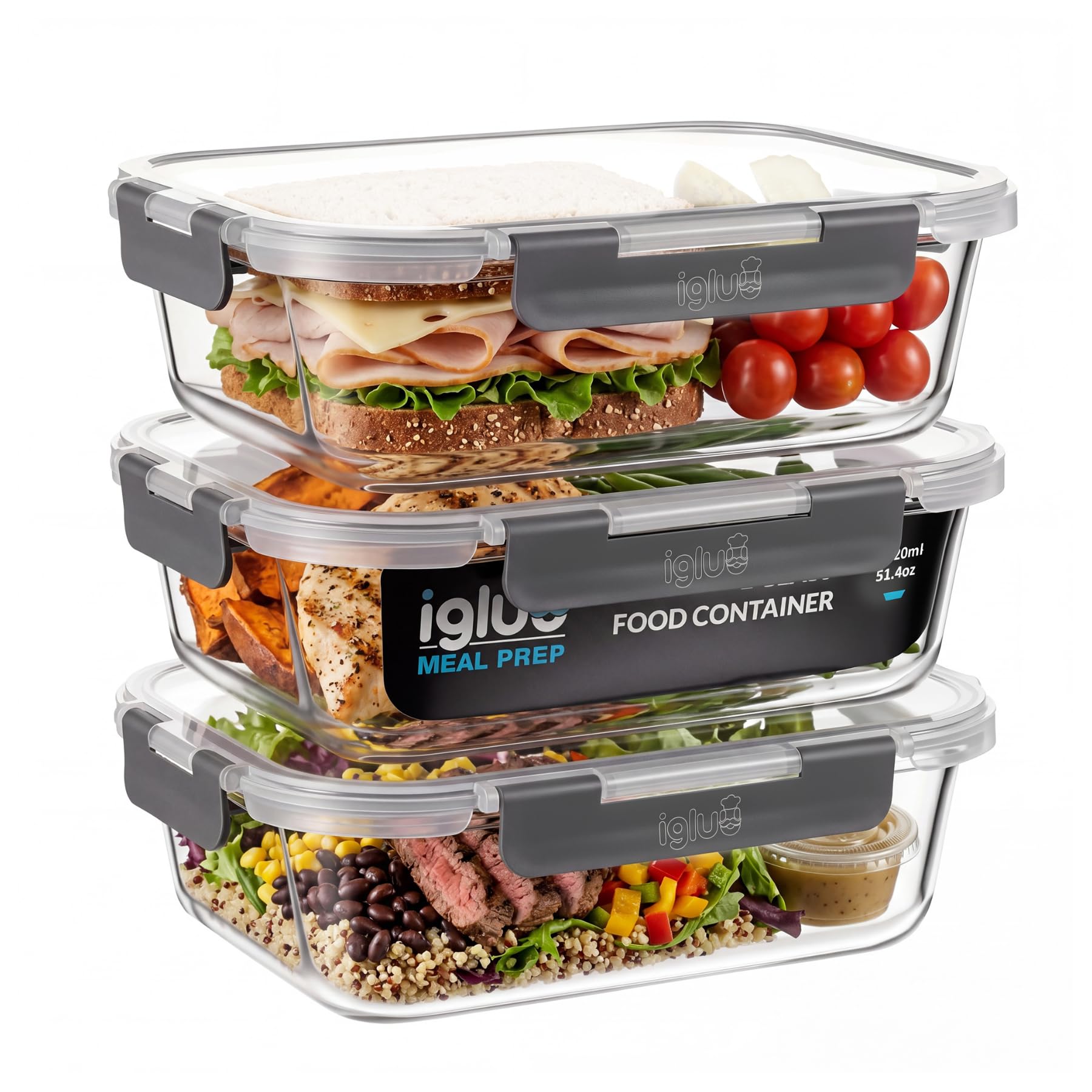 Igluu Meal Prep Contenitori Vetro per Alimenti Grandi (Set da 3) – 1520ml
