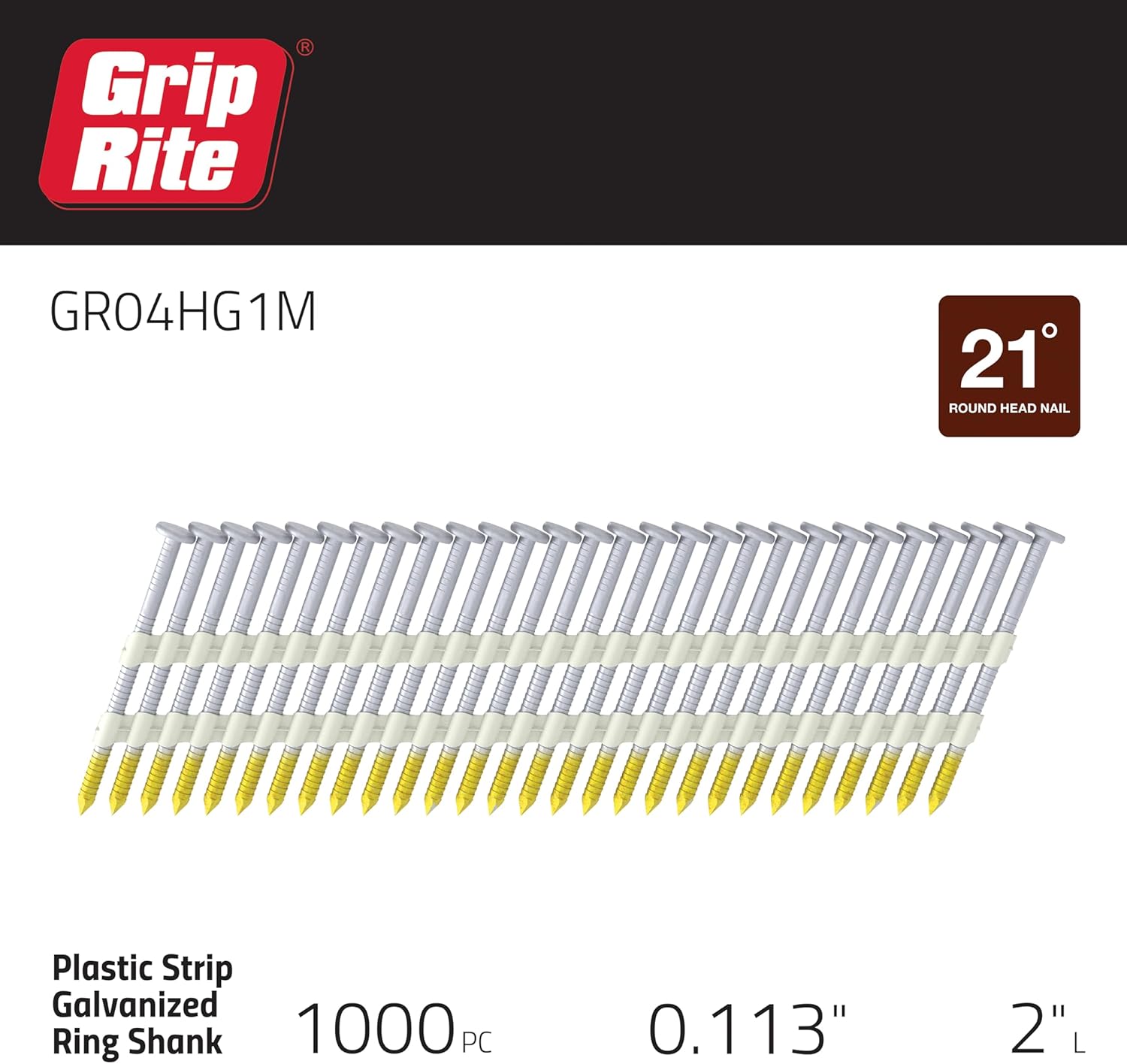Grip Rite Prime Guard GR04HG1M 21 Degree Plastic Strip Round Head Hot Dipped Galvanized Collated Framing Nails, 2" x 0.113"