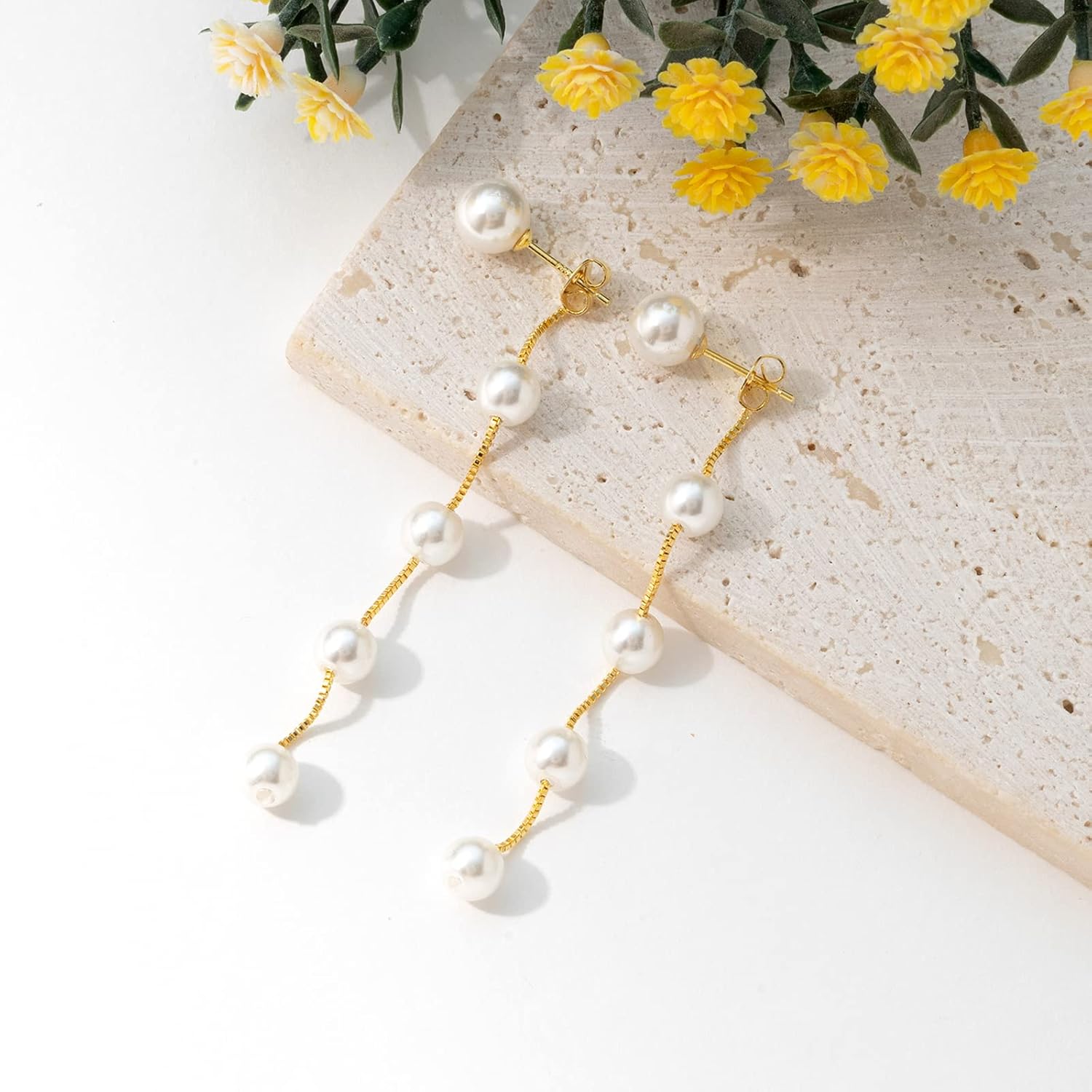 DAILY VIBES 14K Gold Freshwater Pearl Drop Earrings Dangle Dainty Long White Cultured Baroque Pearl Earrings for Women Statement Stud Ball Chain Tassel Jewelry for Bridal Wedding - Image 7