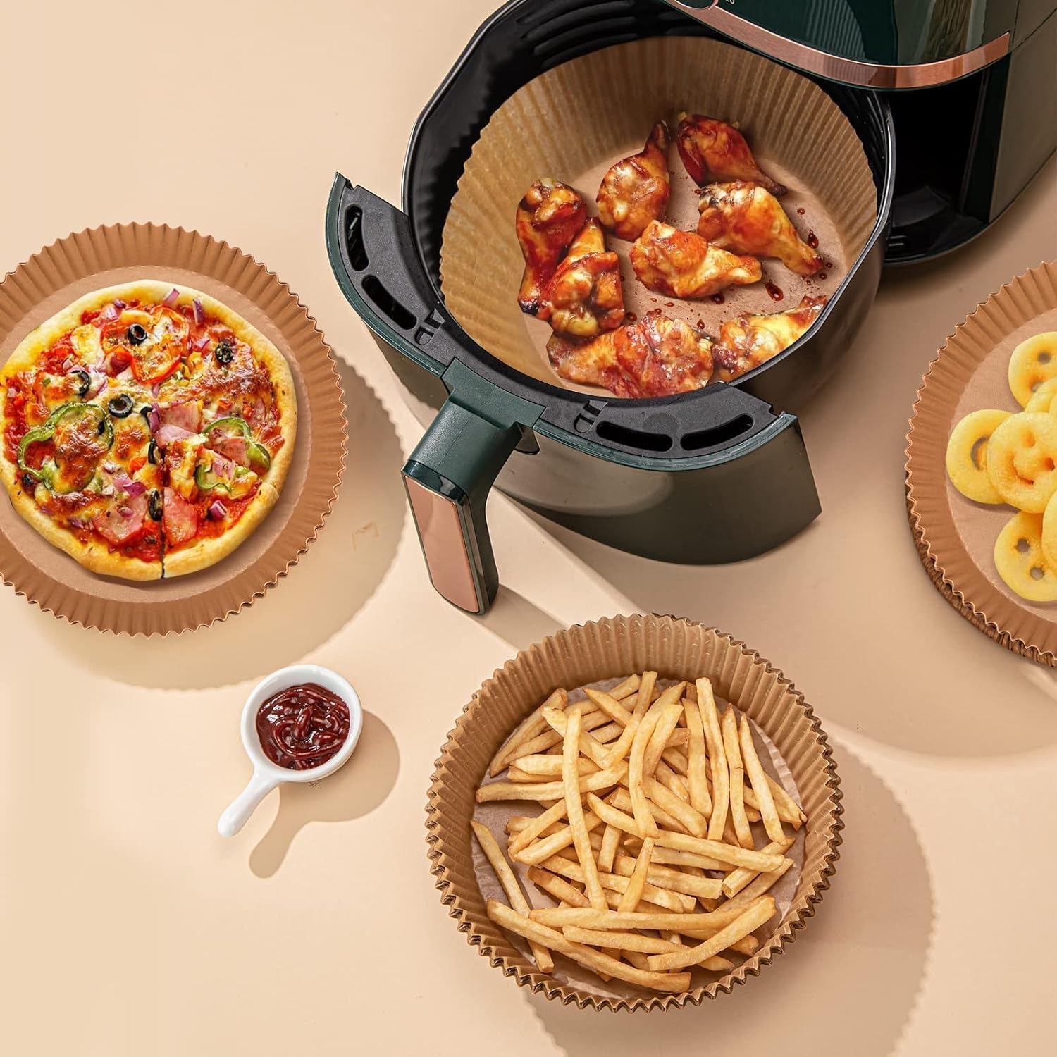Round Air Fryer Liners | Food Grade Oil-Proof Disposable Baking Paper for Frying, Roasting, and Steaming | Parchment Tray Paper for Microwave, Oven, Steamer & More (100 Pcs)