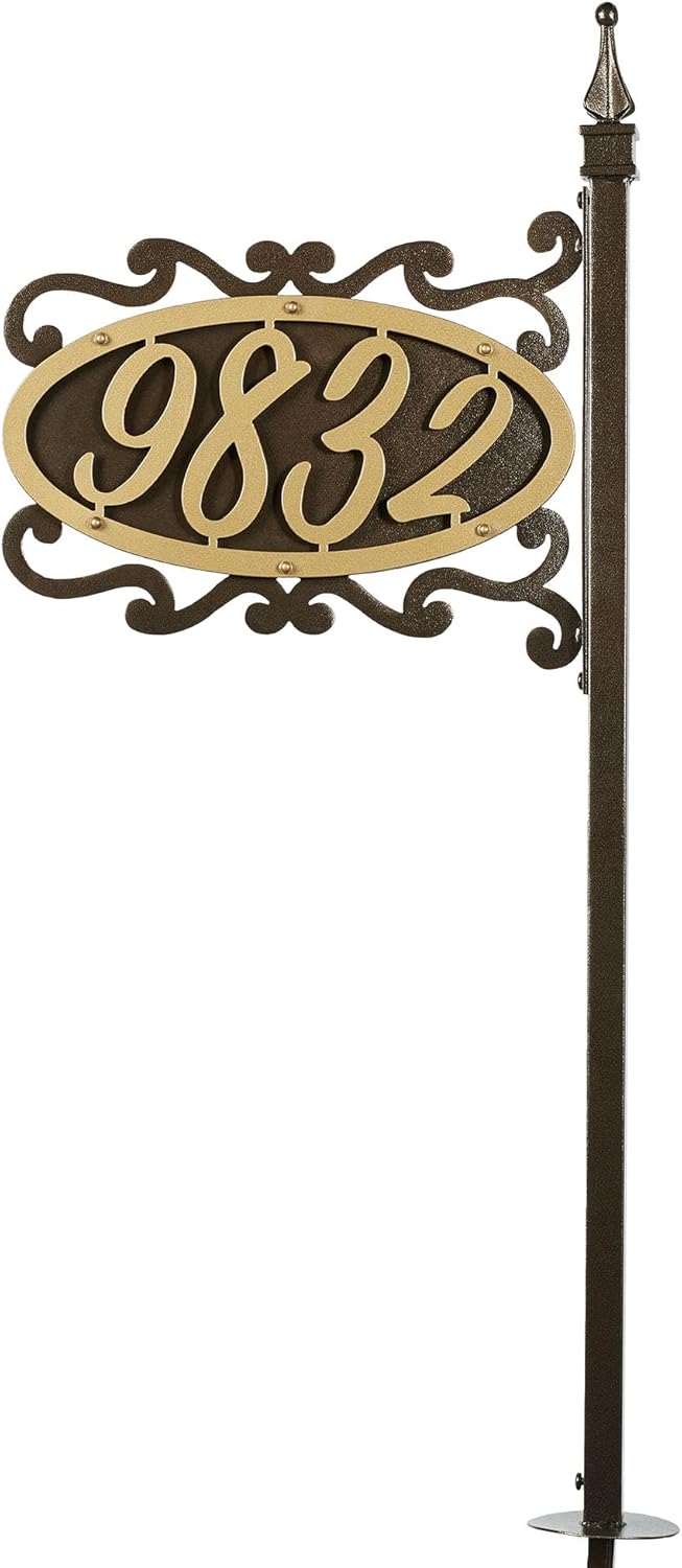 Shepherd Double Sided Address Yard Post | Classic Scrollwork | Custom Metal House Number Sign for Outdoor Use | Personalized with Your 1-5 Address Numbers | Gold and Bronze Durable Finish