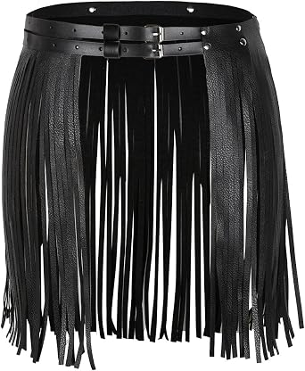 iEFiEL Women Faux Leather Waistband Fringe Tassel Skirt with Adjustable Belt for Party Dance Performance Costume Black One Size