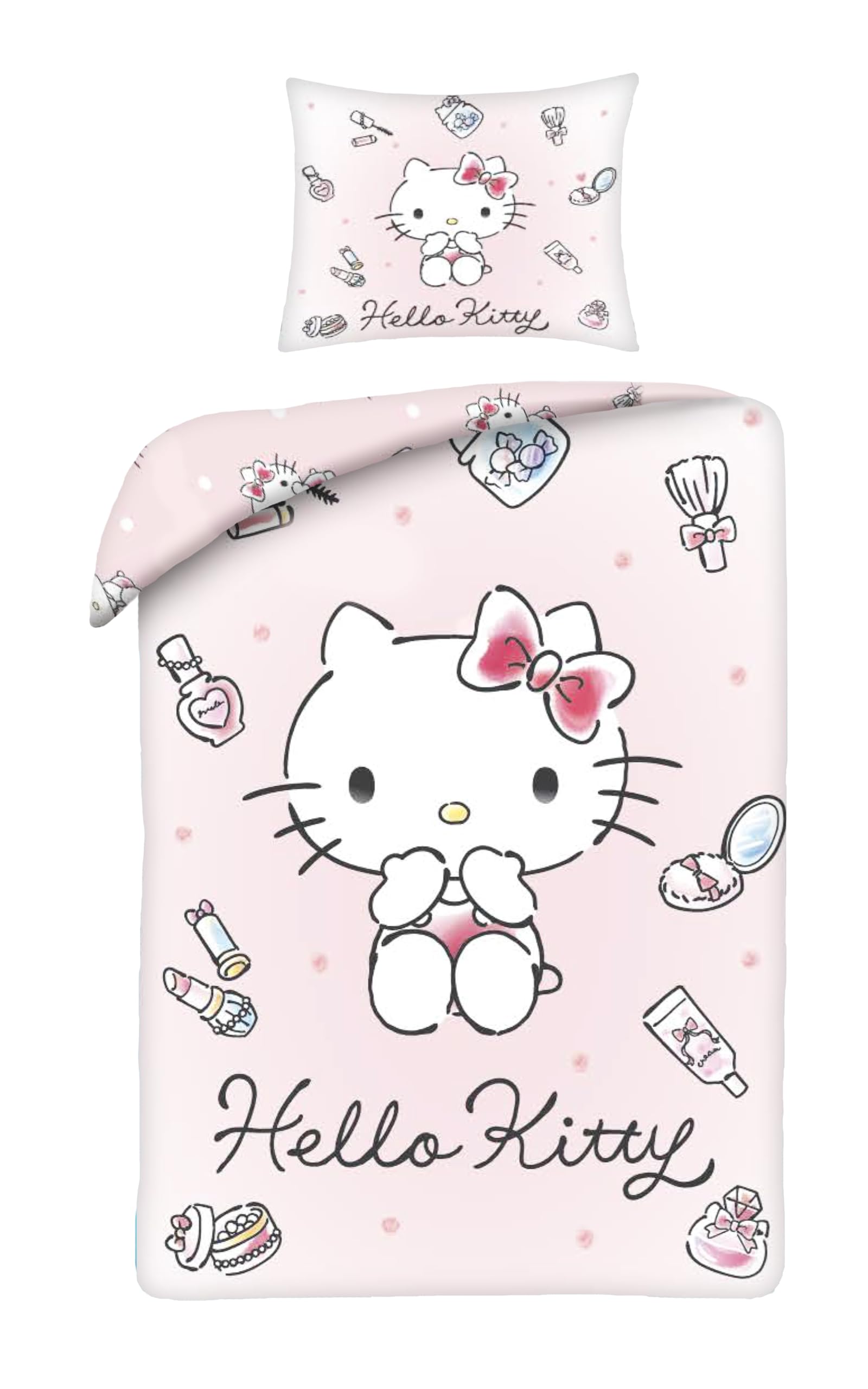 Halantex Hello Kitty Bedding Set Duvet Cover 140 x 200 cm + Pillowcase 70 x 90 cm Reversible 100% Polyester Pink