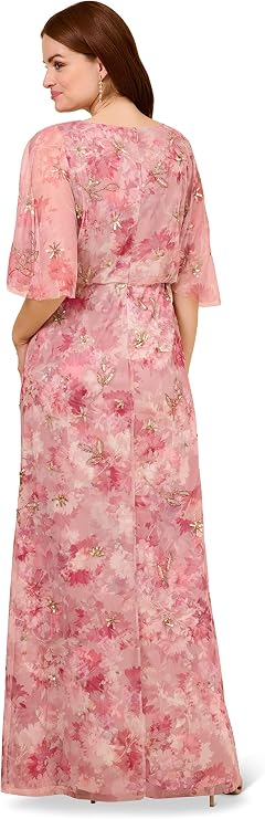 Adrianna Papell Women's Printed Beaded Mesh Long Gown
