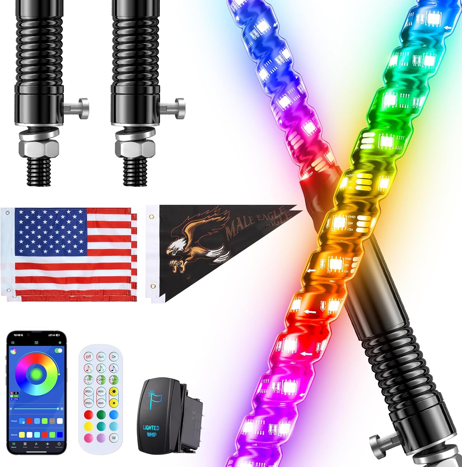 2 PCS 4FT Whip Lights with Spring Base, APP & Remote Control Led Whip Lights for Side by Side, Spiral RGB Chasing Lighted Whips with Rocker Switch, Music Led Whips for UTV ATV RZR SXS Can-Am