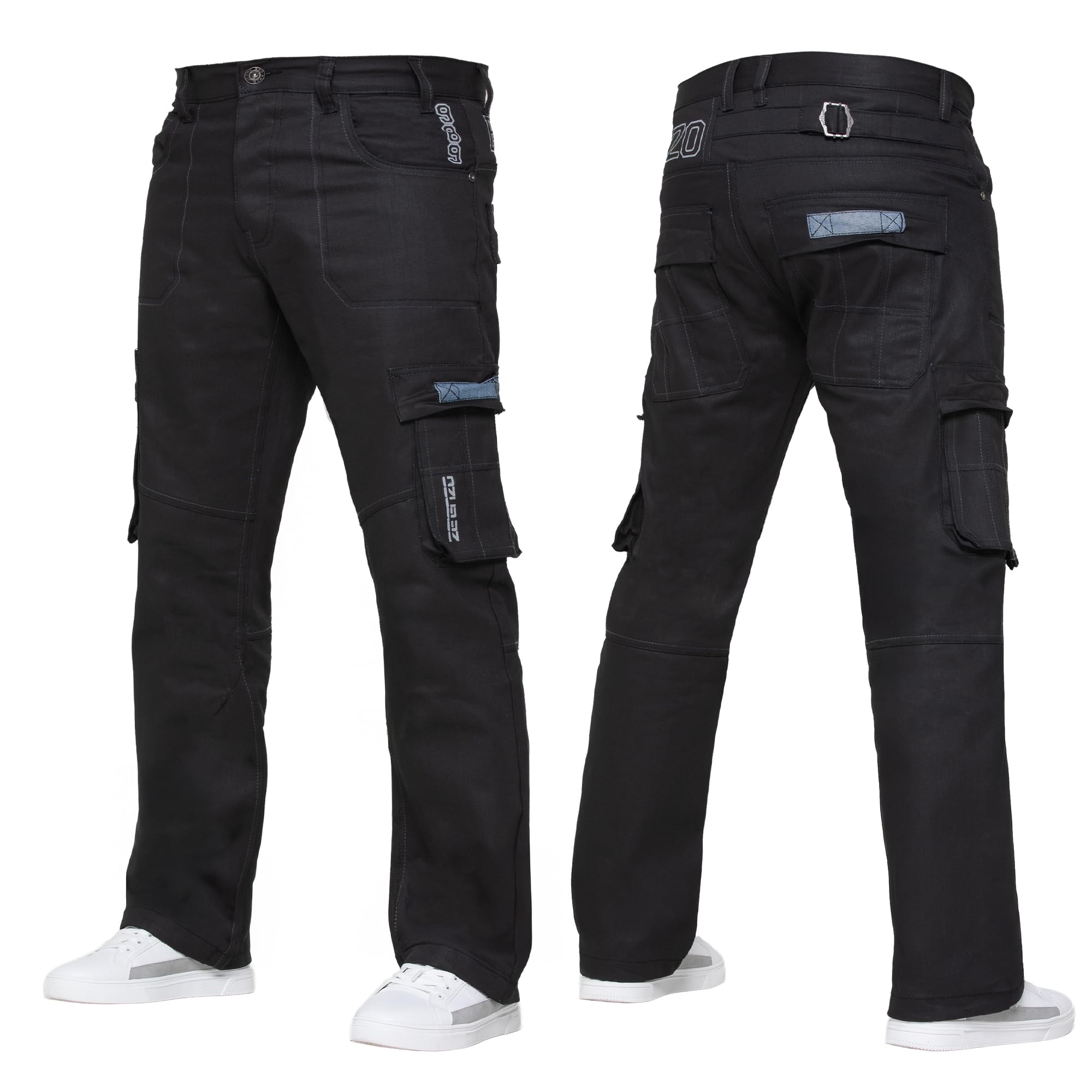 989Zé Enzo Men's Black Cargo Combat Jeans Casual Cotton Denim Straight Leg Pants Trousers 42W / 32L