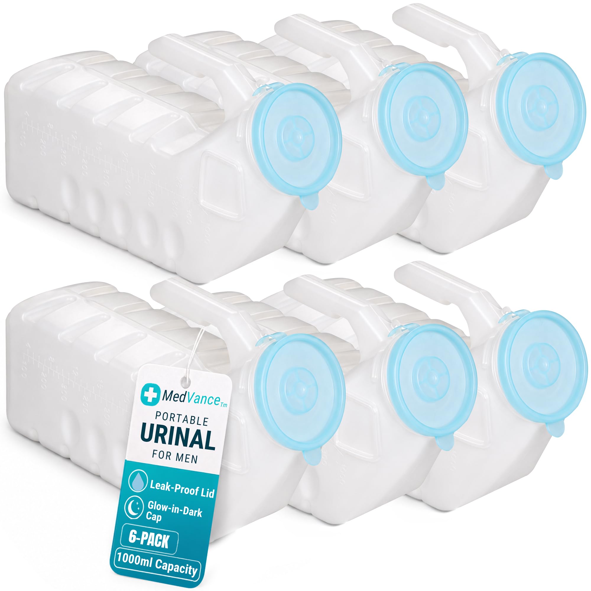 MedVance Urinals for Men 1000ml, Spill Proof Glow in the Dark Lid, 6 Pack