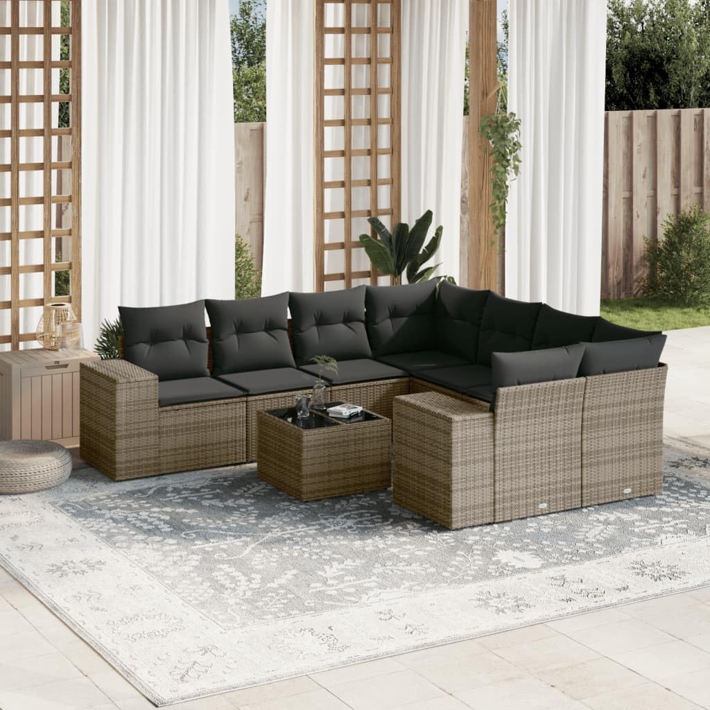 Divano da giardino modulare da 9 pezzi, con cuscino, in polyrattan, grigio, per terrazza, balcone, veranda, lounge