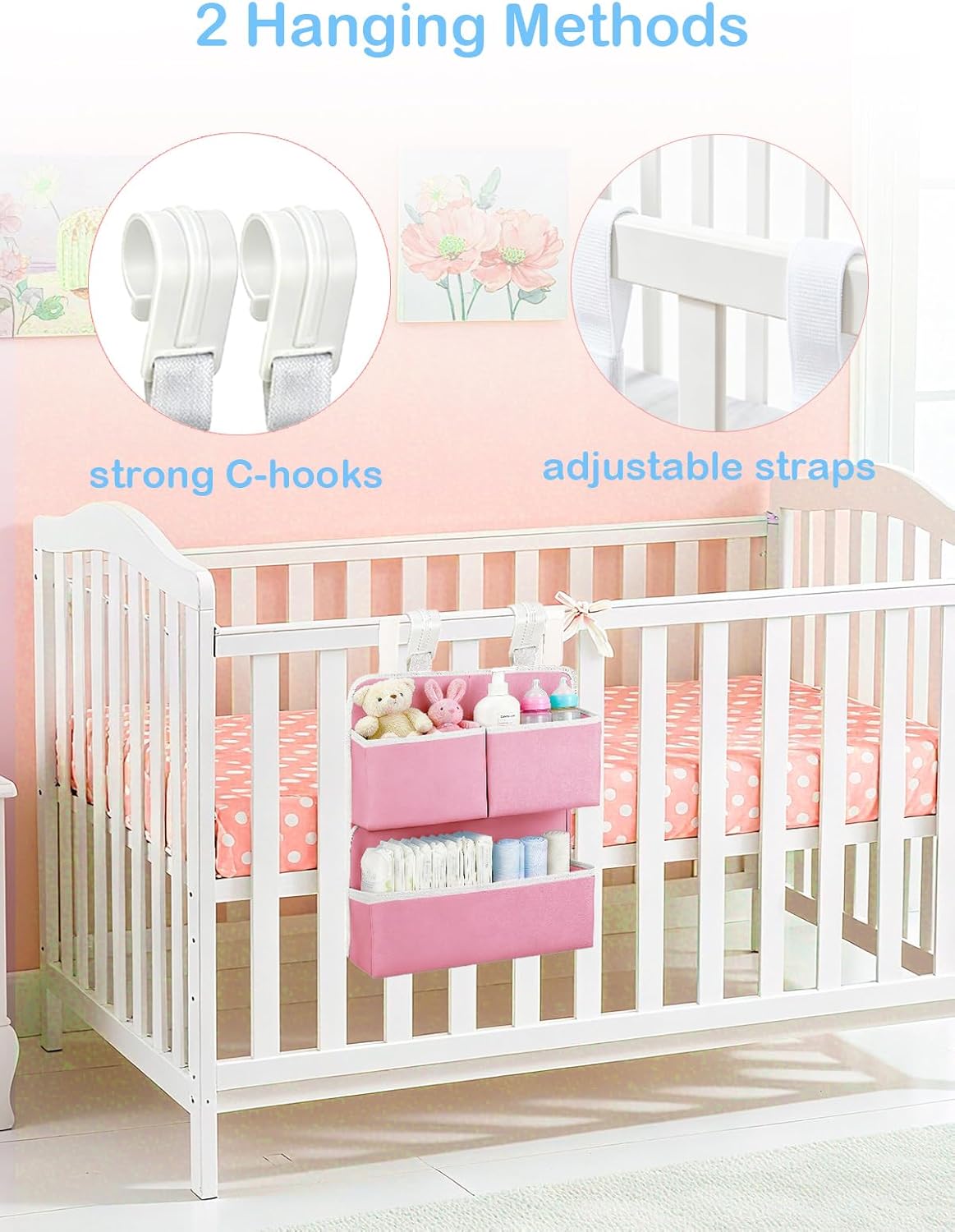 Hanging Diaper Organizer for Bassinet/Crib/Playpen/Playard – Hold 80+ Diapers - Changing Table Diaper Holder Attachment Accessories- Diaper Stacker Nursery Caddy Organizer (Pink)