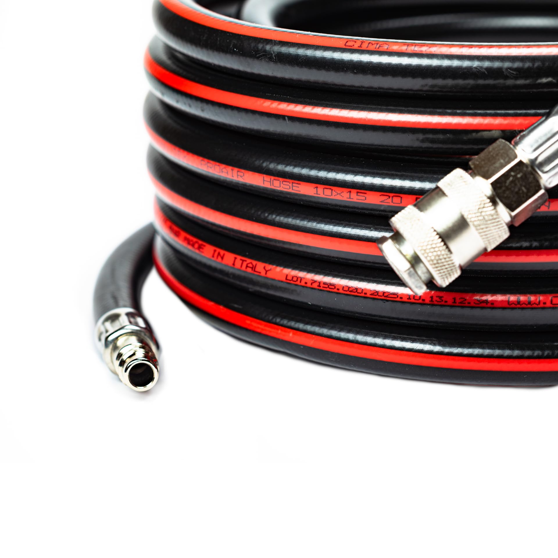 Tubo flessibile per aria compressa in PVC retinato Ø 10 x 15 mm lunghezza 20 mt completo di raccordi ad attacco rapido universale. 100% Made in Italy