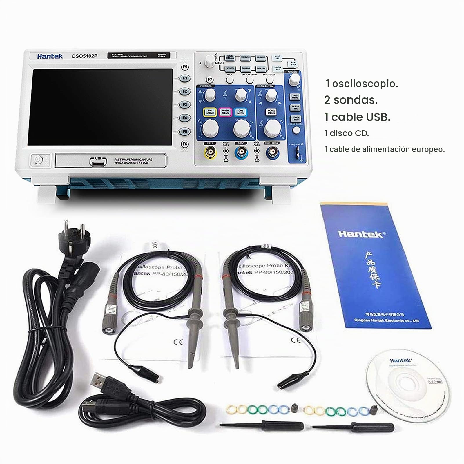 Hantek DSO5102P Osciloscopio digital, 2 canales, 1 GSa / s muestra en tiempo real, 100 MHz