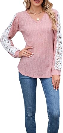Womens Long Sleeve Tops Dressy Casual Floral Lace Blouses Dressy Casual Tee Shirts Loose fit Cute Tshirts Shirts