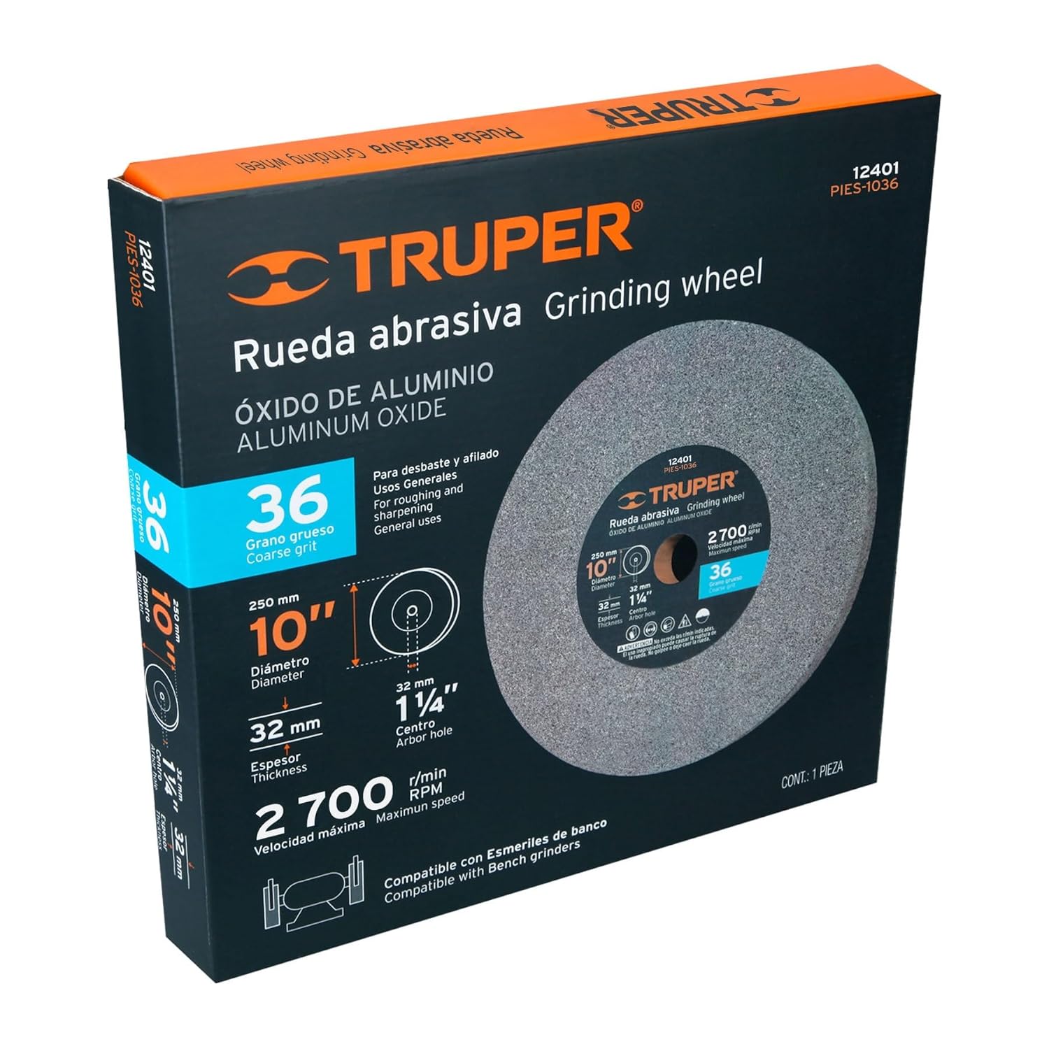 TRUPER PIES-1036 10" Aluminum Oxide Bench Grinding Wheels. Grit=36, Thickness=1-1/4", Drill=1-1/4". 1 Pack