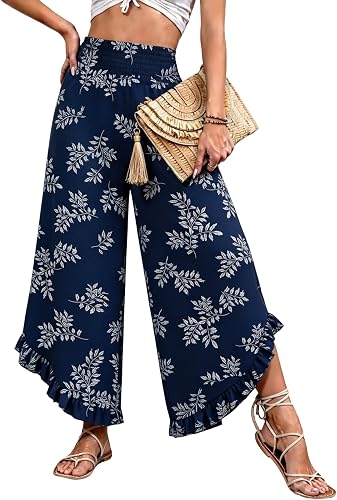 IEEILULU Wide Leg Pants for Women - Beach Pants for Women Flowy Floral Palazzo High Waisted Pants Beach Vacation Outfits