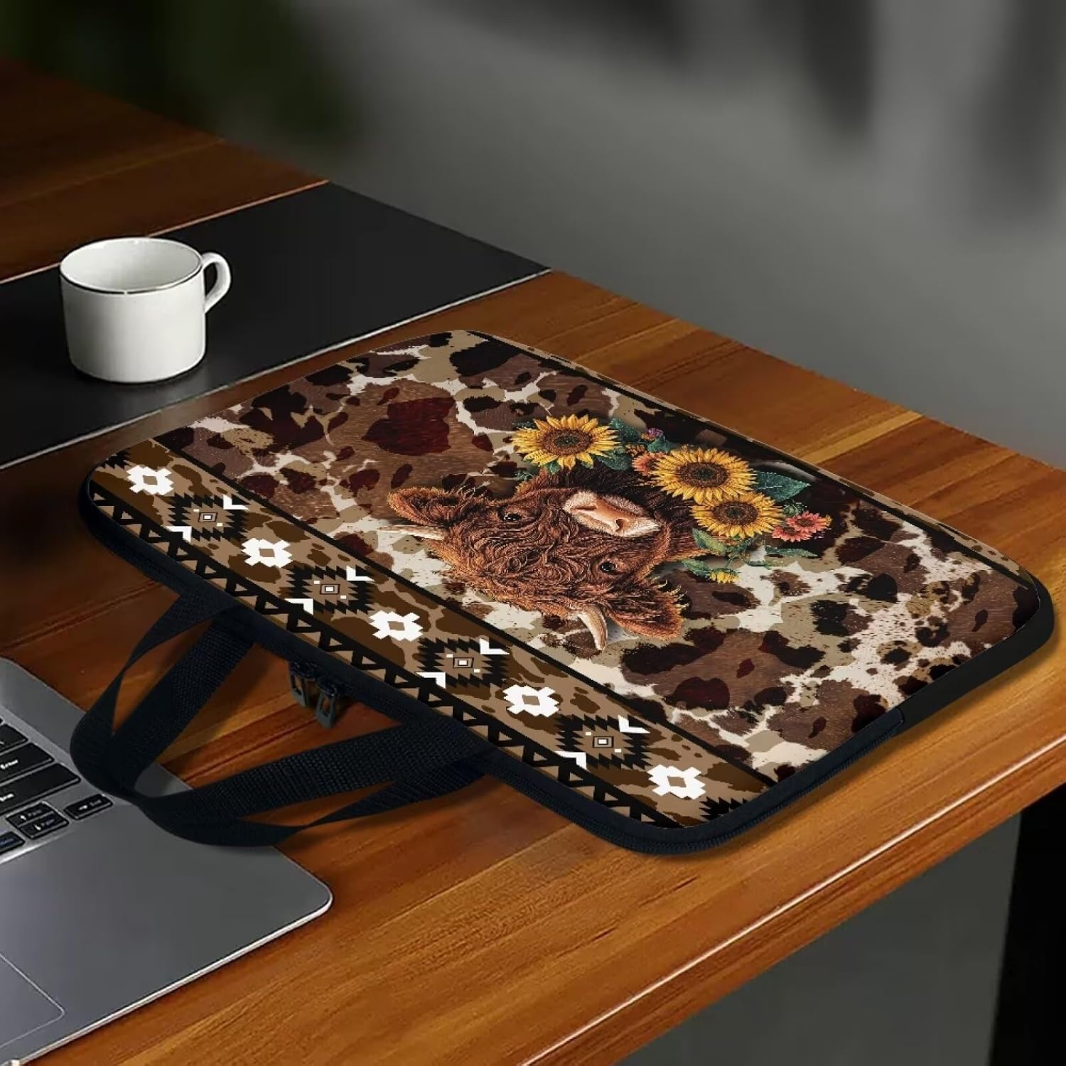 Aztec Sunflower Highland Cow Print Laptop Sleeve Case Portable Laptop Cover with Handle for Women Men Waterproof Tablet Briefcase Carrying Bag Notebook Computer Protector Case, 12inch image 4