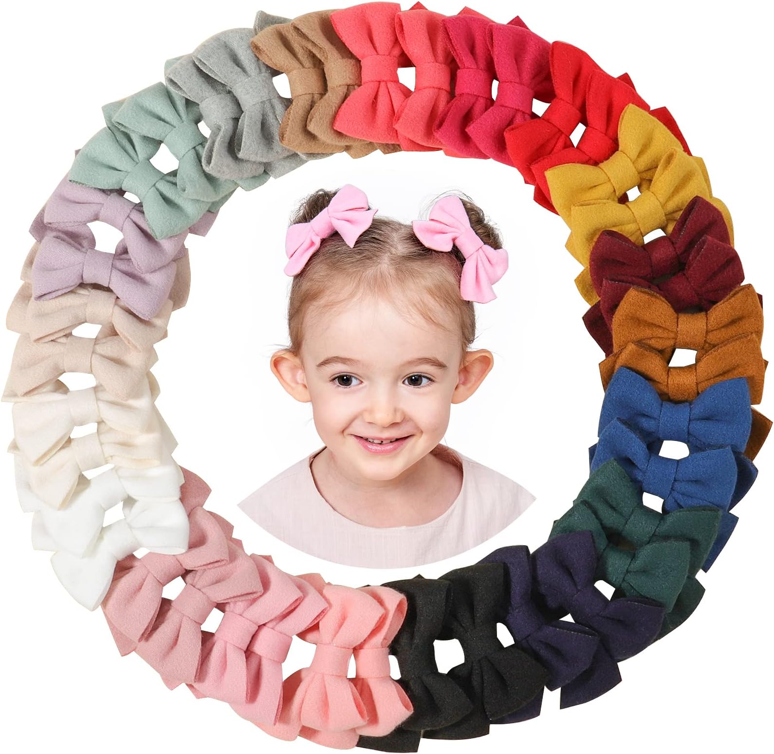 doboi 40PCS Baby Hair Bows Clips Felt Woolen Hair Accessories Hair Bows for Toddler Girls Infants Kids and Teens-2.8 Inches 20 Colors In Pairs