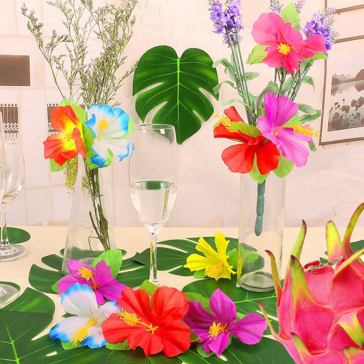 SHERCHPRY 72 Stück Künstliche Hibiskusblüten aus Stoff als Sommerfest Dekoration für Hawaii Party und Fotorequisiten ohne Bewässerung Zufällige Farbe