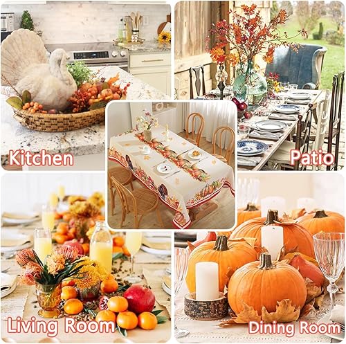 Miniatura 7 de SASTYBALE Mantel rectangular de Acción de Gracias, a prueba de derrames, con estampado de pavo y calabaza, mantel decorativo para otoño, cosecha y