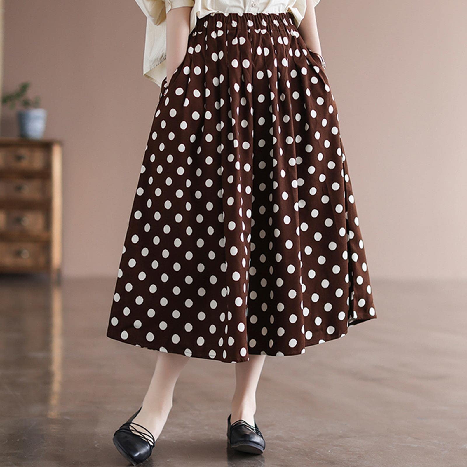 Falda larga con estampado de lunares, falda de medio cuerpo femenina primavera y verano nuevo temperamento retro literario elegante bolsillo cintura alta falda acampanada