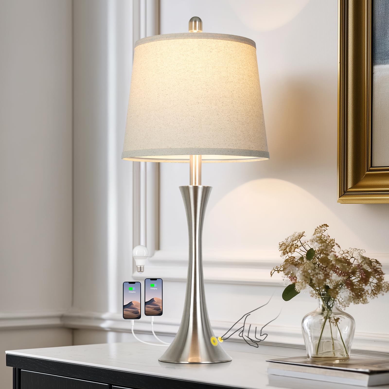 Rinweey 69.8 cm Silber Tischlampen, Touch Nachttischlampen mit USB C+A Ports, 3 Wege Dimmbare Nachttischlampen für Schlafzimmer, Wohnzimmer, Büro, Silberlampe mit beigem Lampenschirm, Glühbirnen