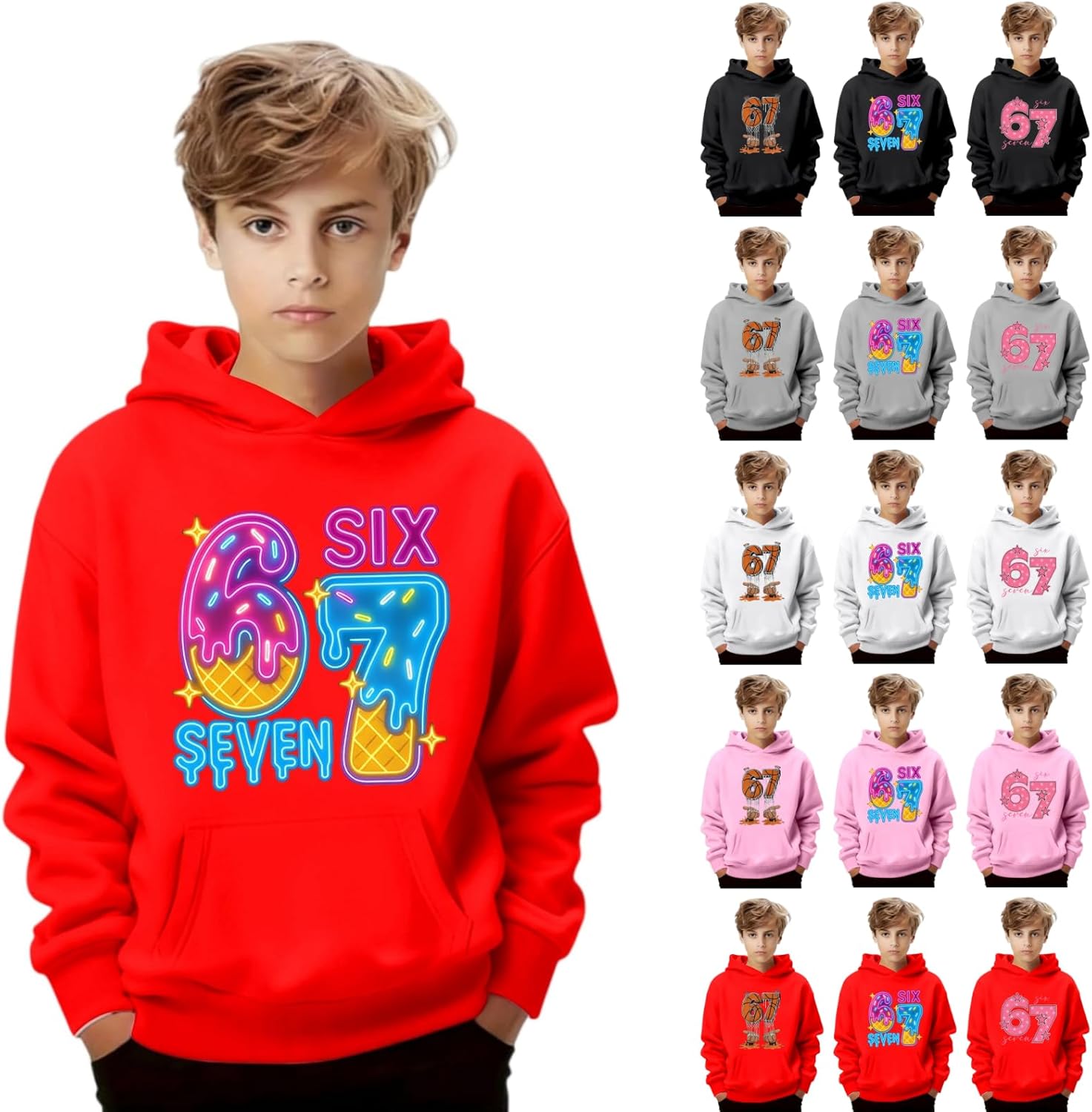 Generisch Kinder Hoodie 67 SIX Seven Motive – Neon Donut Basketball Print Capuchonsweater voor Jongens Meisjes Tieners, Joggingpak met Veelkleurige Print Sixseven, Sweatshirt voor Lente Herfst, Casual