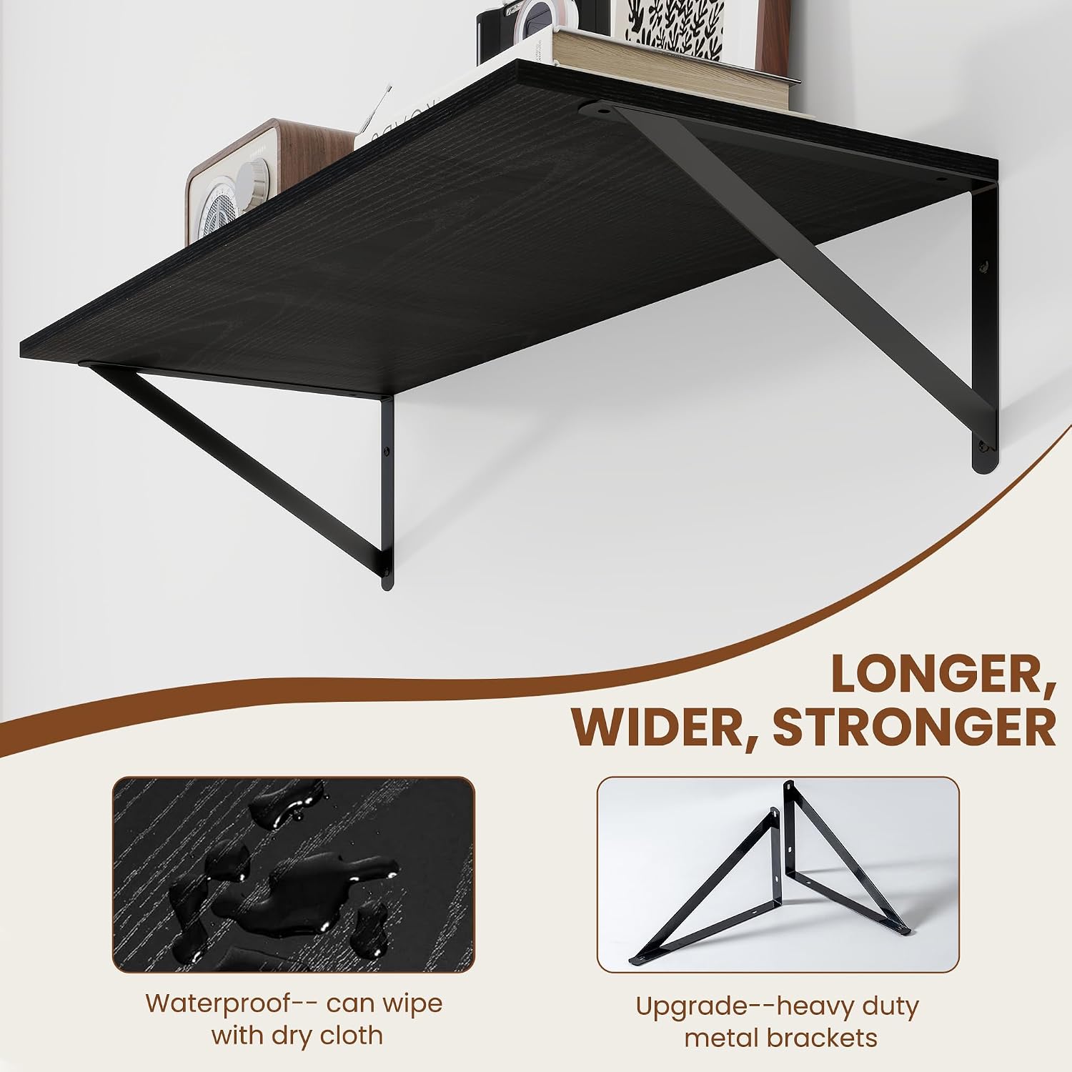 Heimlove Black Deep Floating Shelves for Wall, 28W x 12D Wood Wall Shelves Set of 2, Wide Floating Bookshelf for Living Room, Kitchen, Office, Bedroom and Decor Storage, with Metal Bracket - Black