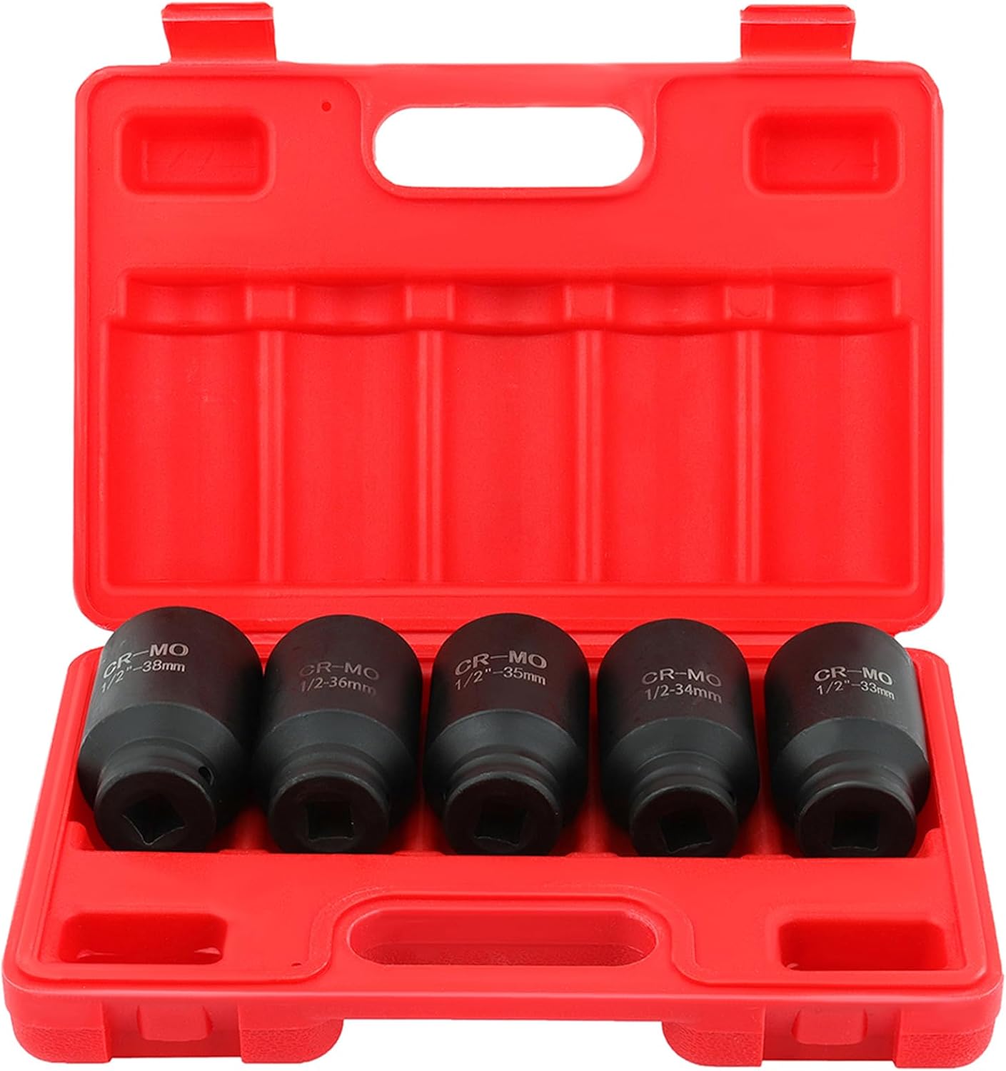 5-Piece 1/2 Inch Drive Deep Impact Axle Hub Socket Set Fit For Most Cars, 6 Point, 33mm, 34mm, 35mm, 36mm, 38mm