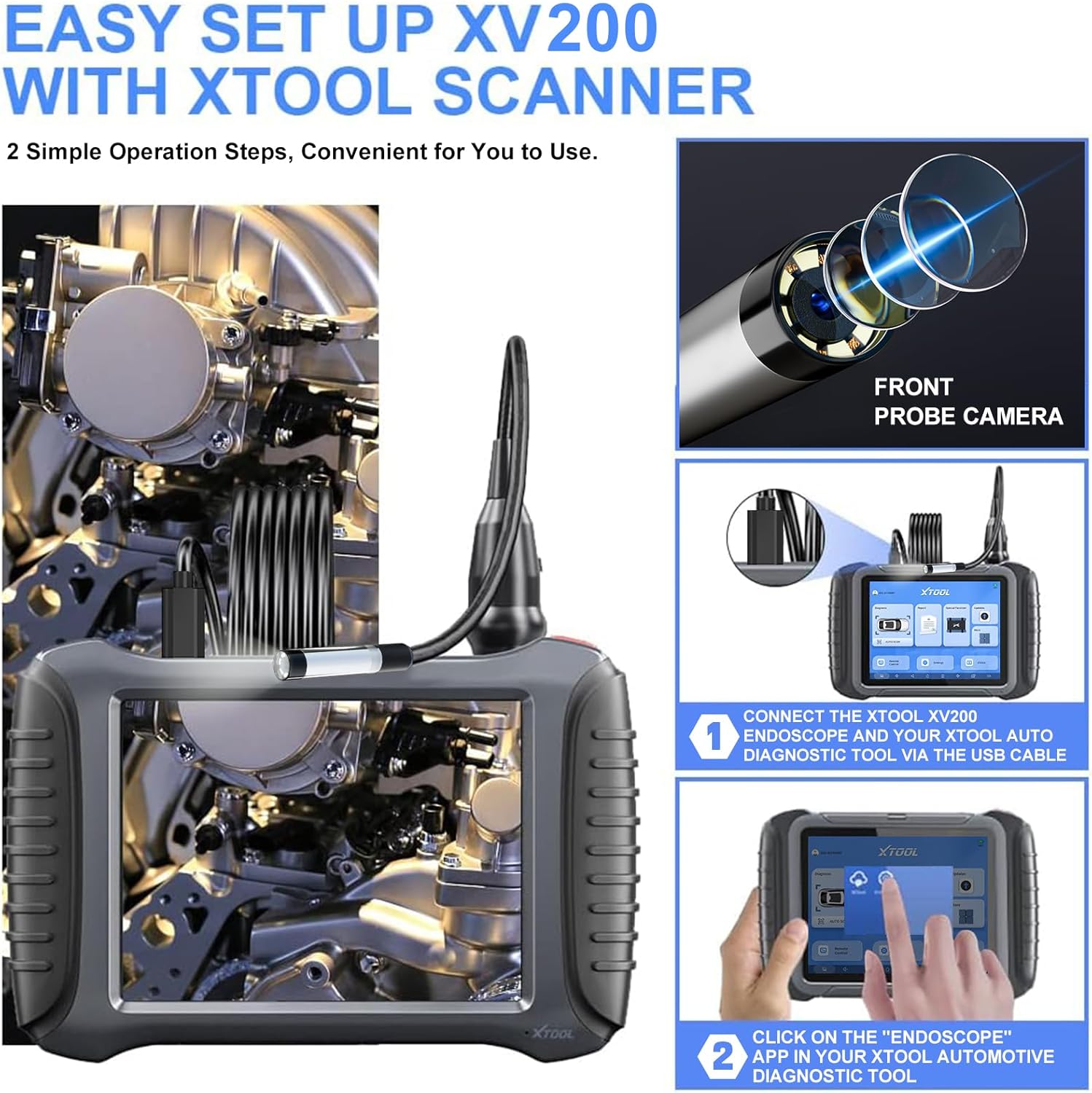 Diagram showing two simple steps to set up the XTOOL XV200 with an XTOOL scanner: connect via USB-C and open the Endoscope app.