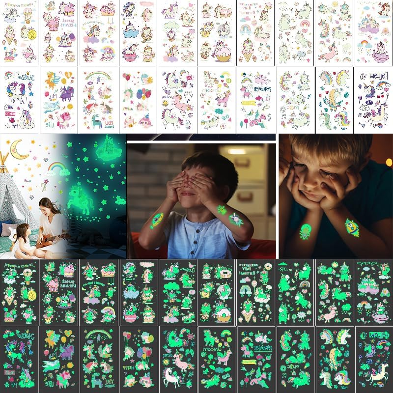 20 Sheets Temporary Tattoos Sticker Glow Temporary Tattoos Unicorn Toy,Waterproof Luminous Tattoo Sticker, Unicorn Stickers Temporary Birthday Party Supplies Decoration