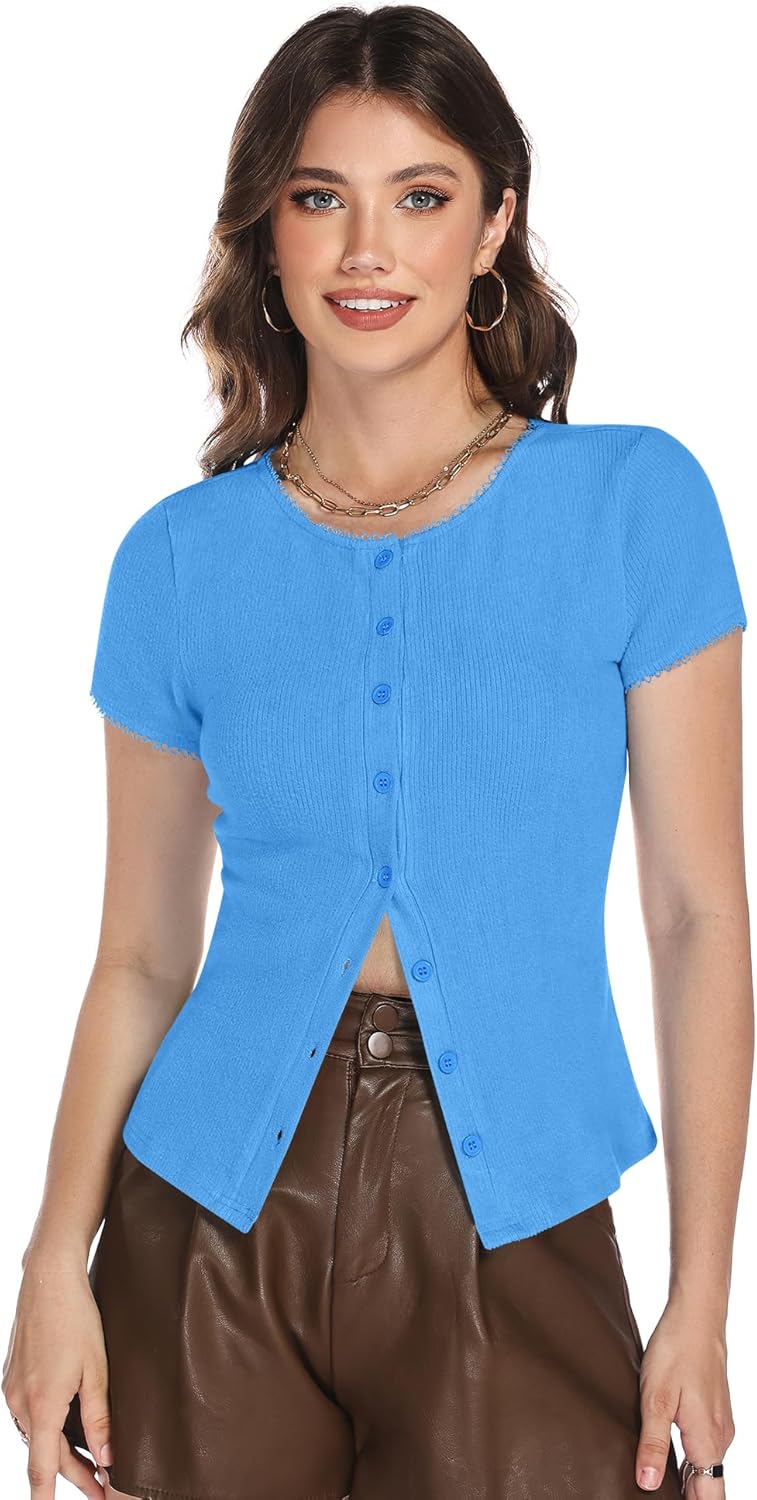 Micoson Button Down Shirts for Women Y2k Short Sleeve Ribbed Tops Lightweight Summer Cardigan Cute Trendy 2026 - Image 3